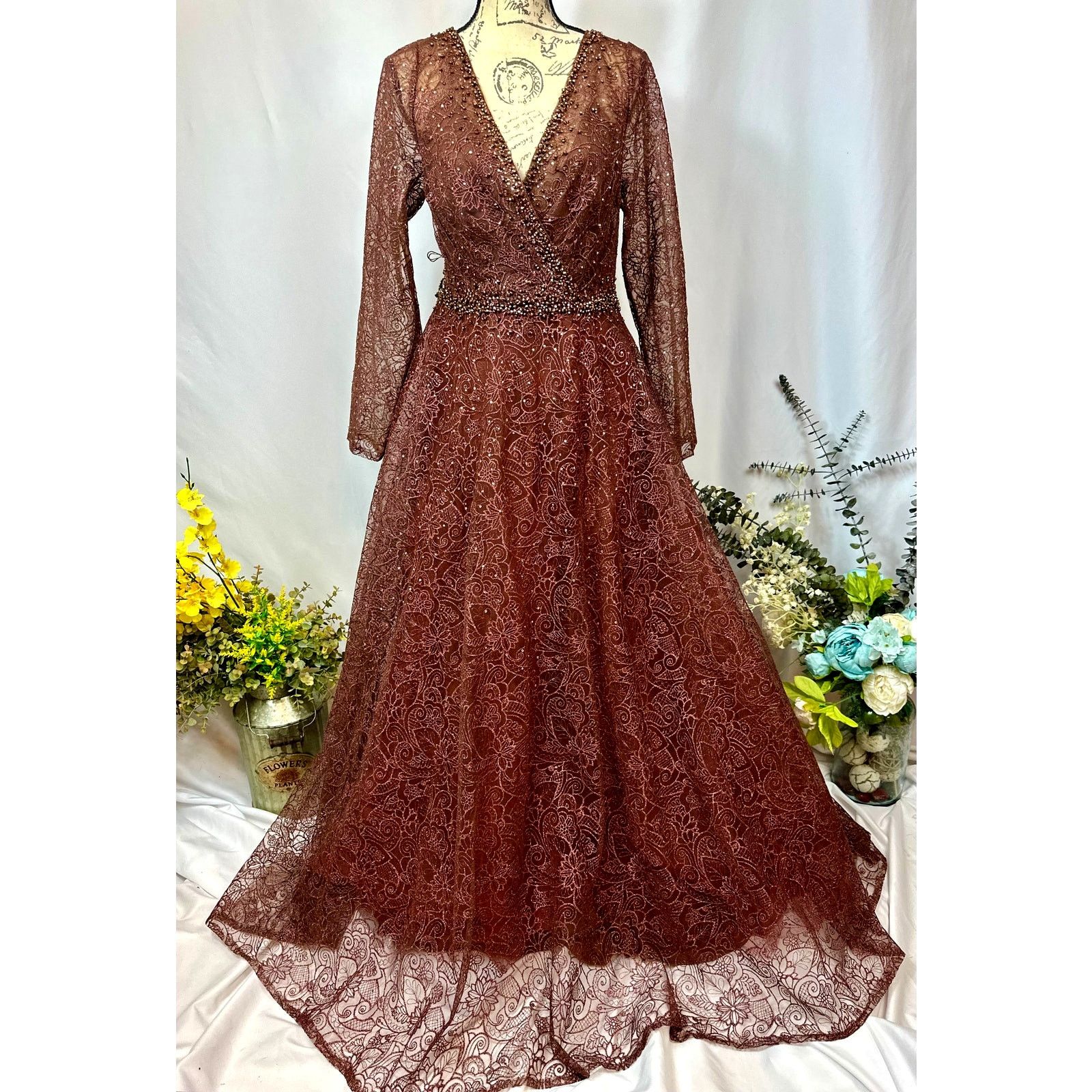 Other Mac Duggal Embellished Illusion V-Neck Gown Chocolate 12 Size XL / US 12-14 / IT 48-50 - 8 Thumbnail
