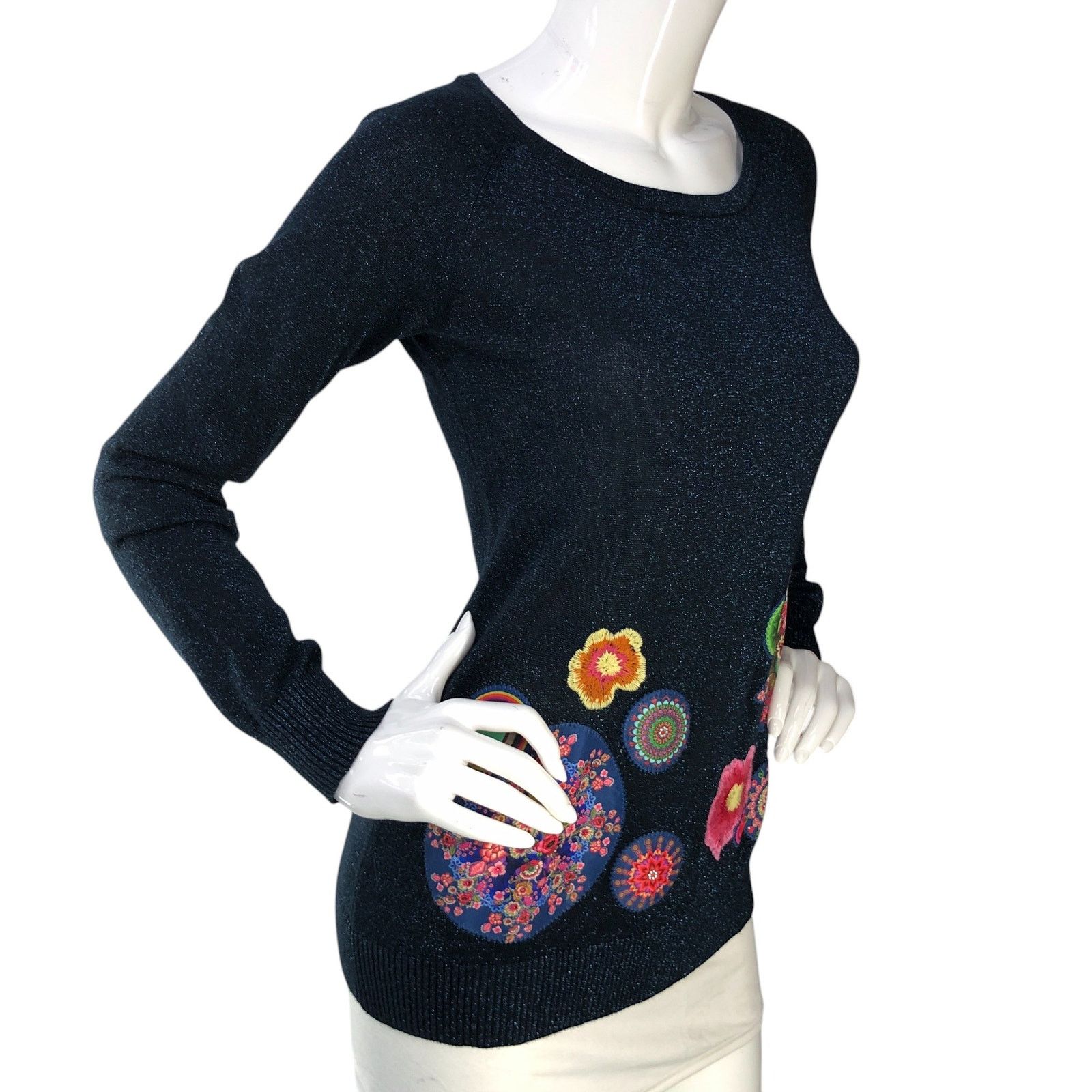 Desigual Desigual Size S Sweater Floral Embroidery Metallic Navy Blue Size S / US 4 / IT 40 - 10 Thumbnail