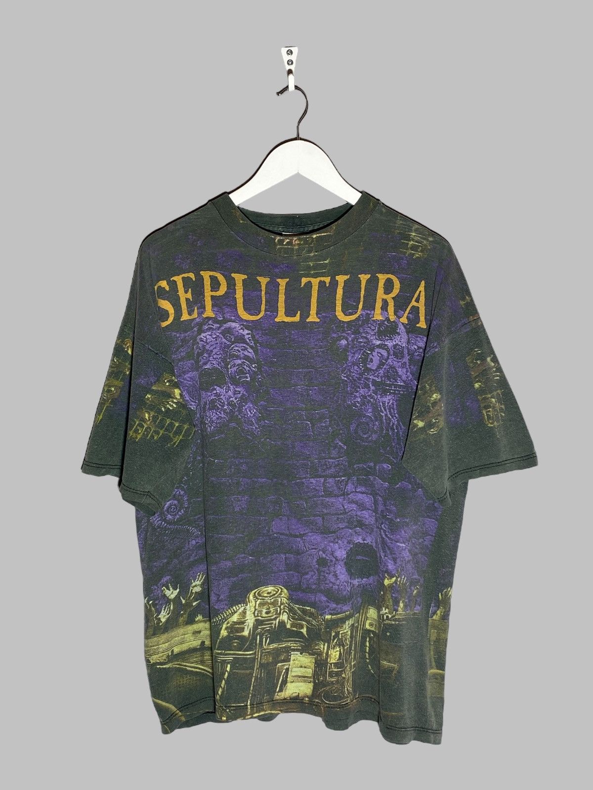 Band Tees Vintage 90s Sepultura All Over Print Blue Grape Tag T-shirt Size US XL / EU 56 / 4 - 1 Thumbnail
