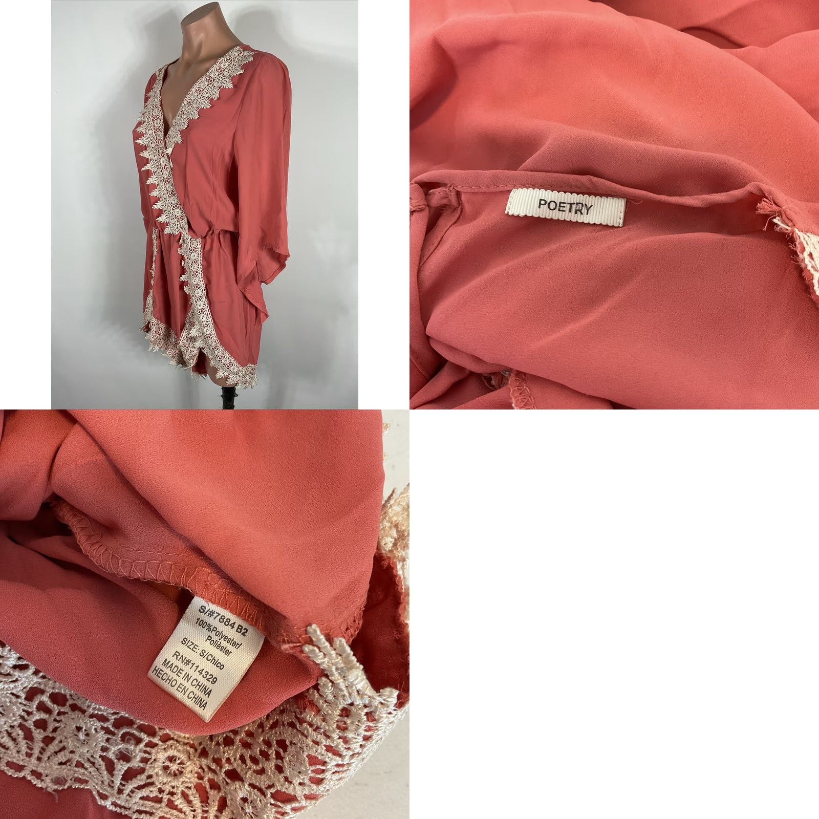 Vintage Poetry Coral Pink boho romper Jumpsuit Deep V lace detail Women's S Festival Size 28" / US 6 / IT 42 - 8 Thumbnail