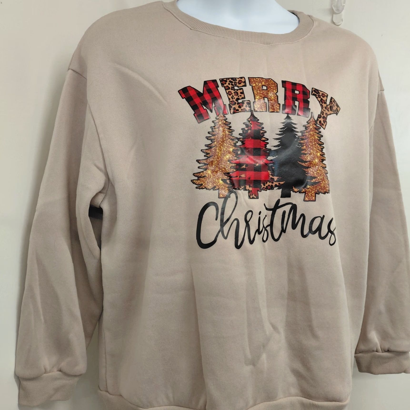 Shein Shein Sweatshirt Women's 2XL Tan Merry Christmas Trees Print Fleece Lined Xmas Size XXL / US 16-18 / IT 52-54 - 3 Thumbnail