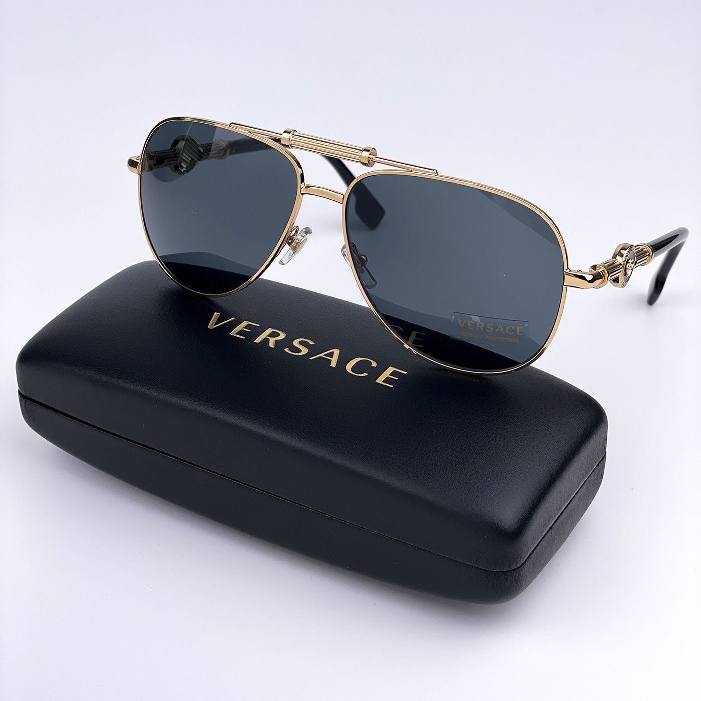 image of New Versace Ve2236 100287 Pilot Metal Unisex Sunglasses in Gold/Dark Gray, Men's