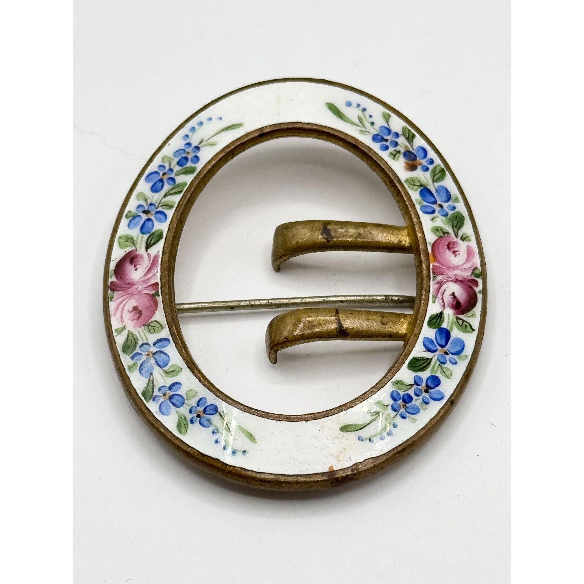 Vintage Antique Estate Enamel Floral Buckle Brooch Pin Size ONE SIZE - 3 Thumbnail