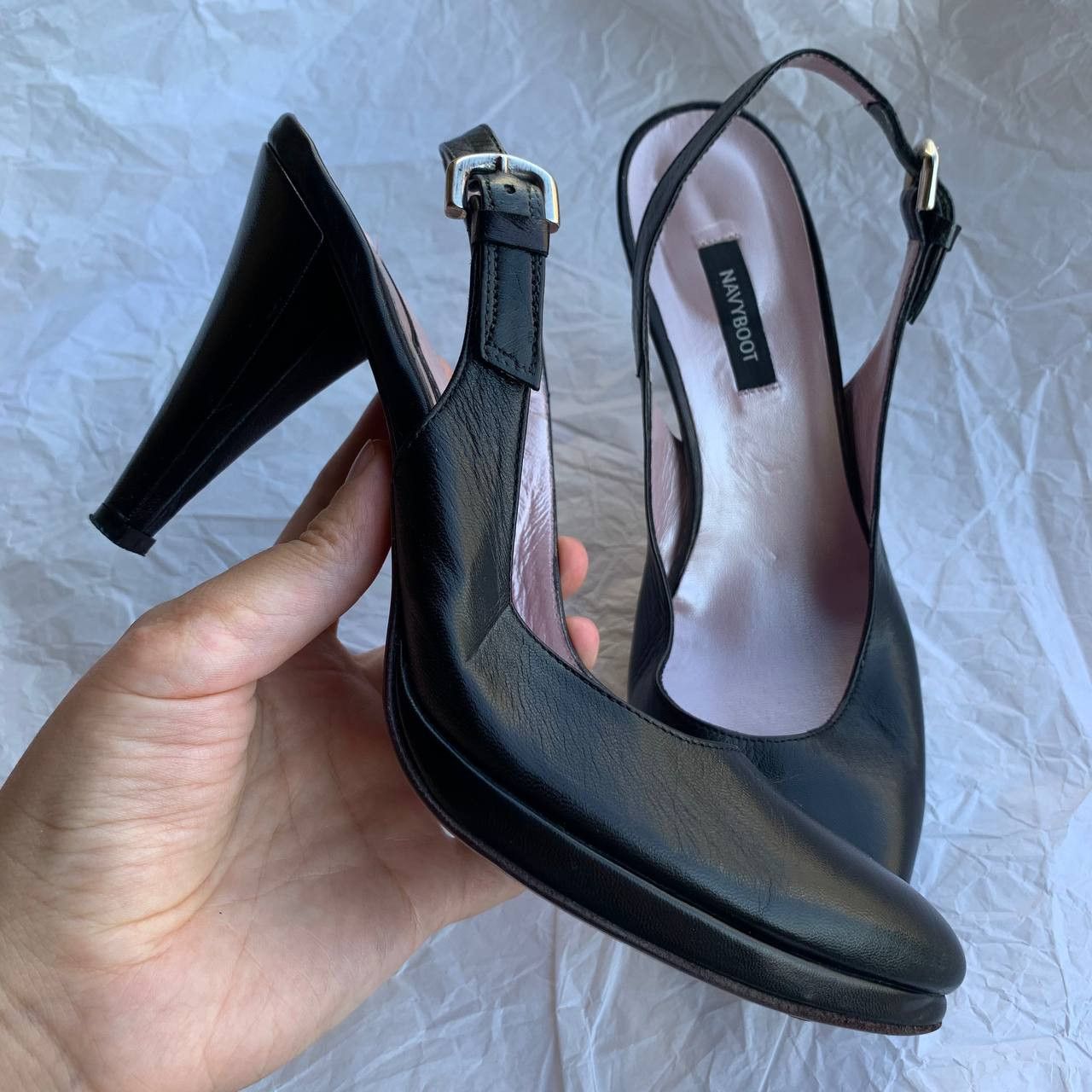 NAVYBOOT Navyboot black leather vintage slingback heels Size US 7 / IT 37 - 2 Thumbnail