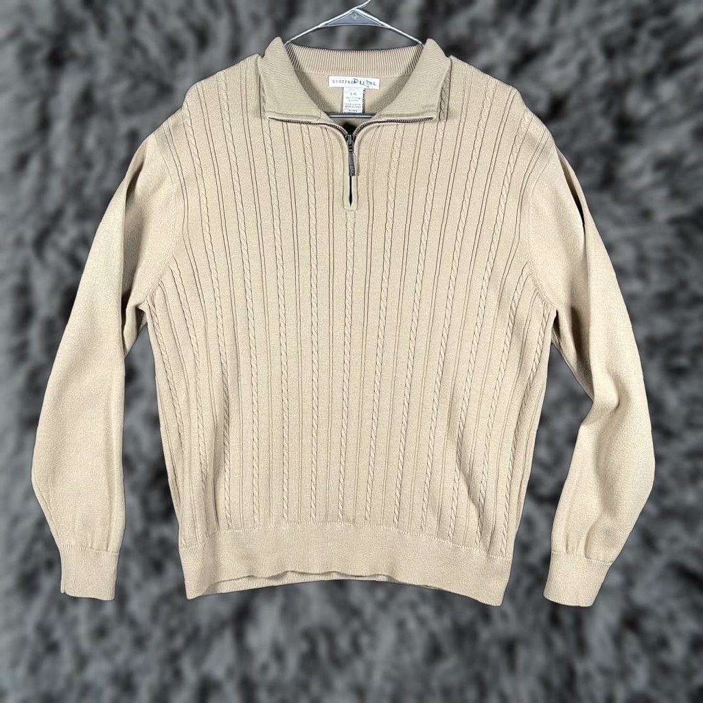 Geoffrey Beene Geoffrey Beene Sweater Mens Large Beige Cotton Cable-Knit Quarter Zip Pullover Size US L / EU 52-54 / 3 - 1 Thumbnail