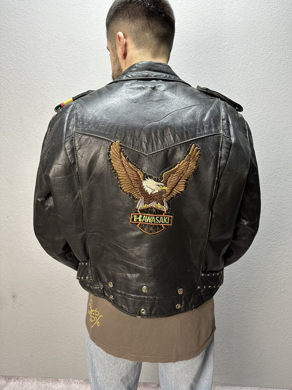 Vintage Vintage Kawasaki Leather Jacket Bomber Distressed 80’s Rare Size US M / EU 48-50 / 2 - 3 Thumbnail