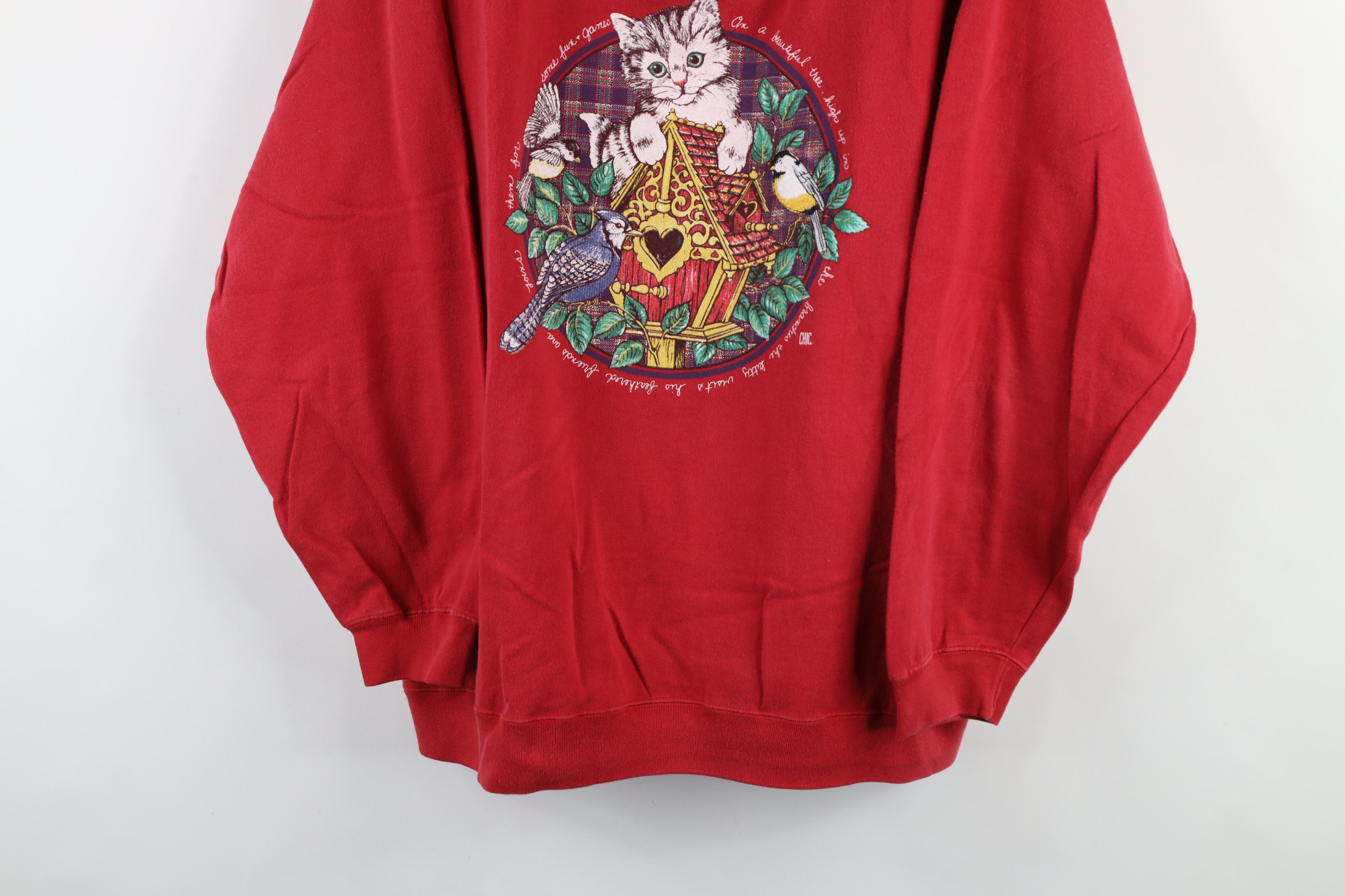Vintage Vintage 90s Streetwear Kitten Bird Layered Sweatshirt Red Size 3XL / US 20-22 - 3 Thumbnail