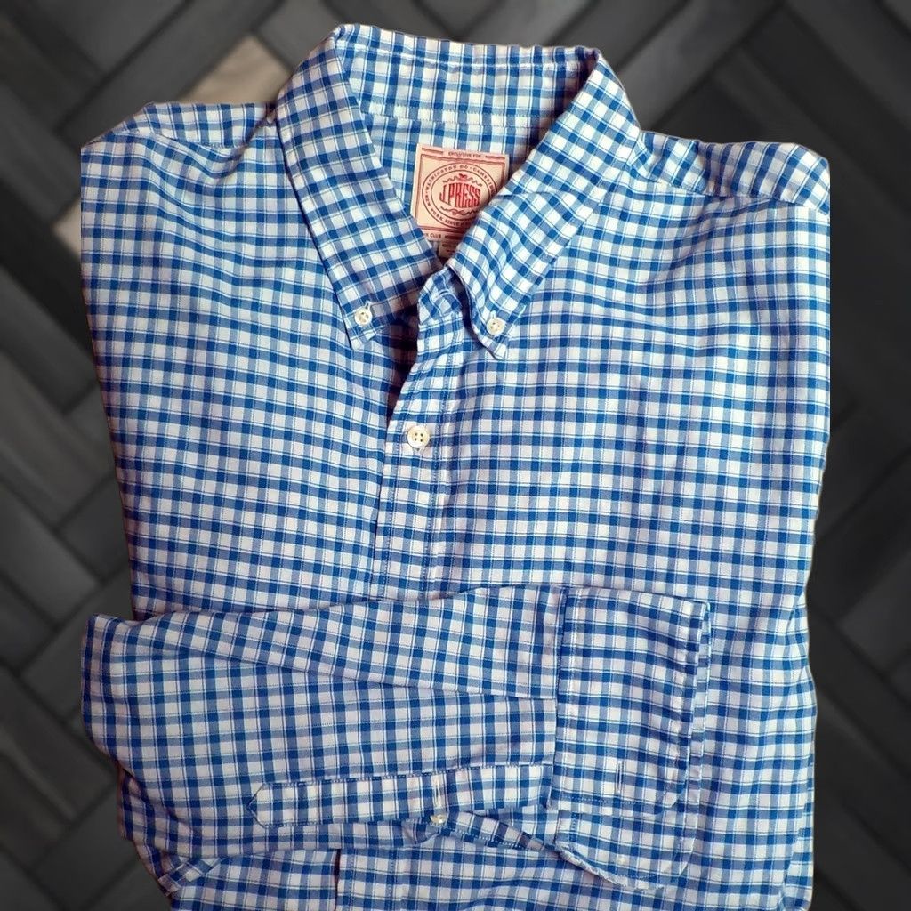 Vintage J. Press Gingham Check Button Collar Shirt Mens 2XL Slim Blue Casual Dress Size US XXL / EU 58 / 5 - 1 Thumbnail
