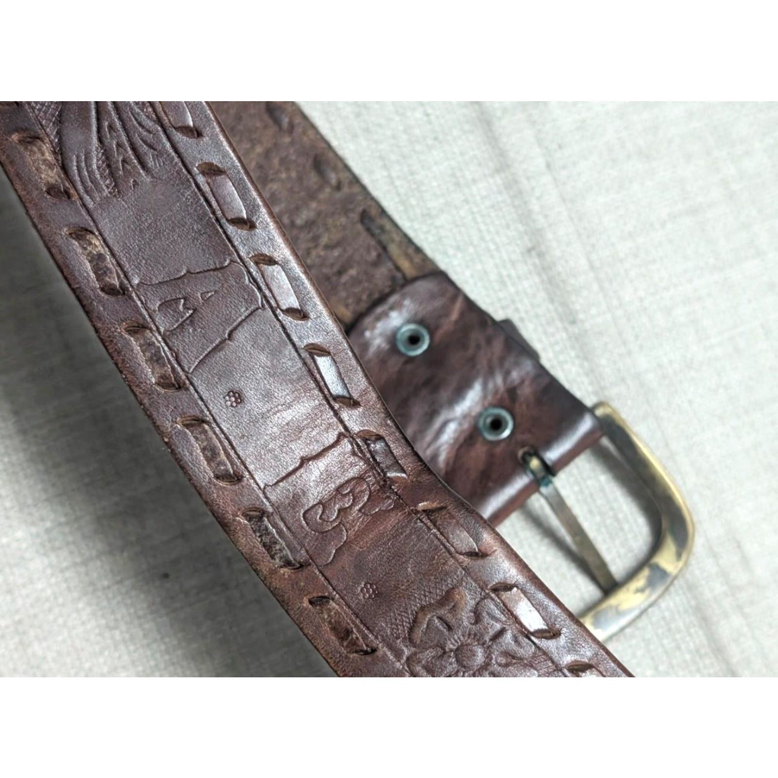 Vintage VINTAGE handcrafted western belt CF floral scroll cowhide leather 34 brown AE custom laced belt Mens Adults 34 brown vintage western belt Size 34 - 2 Thumbnail