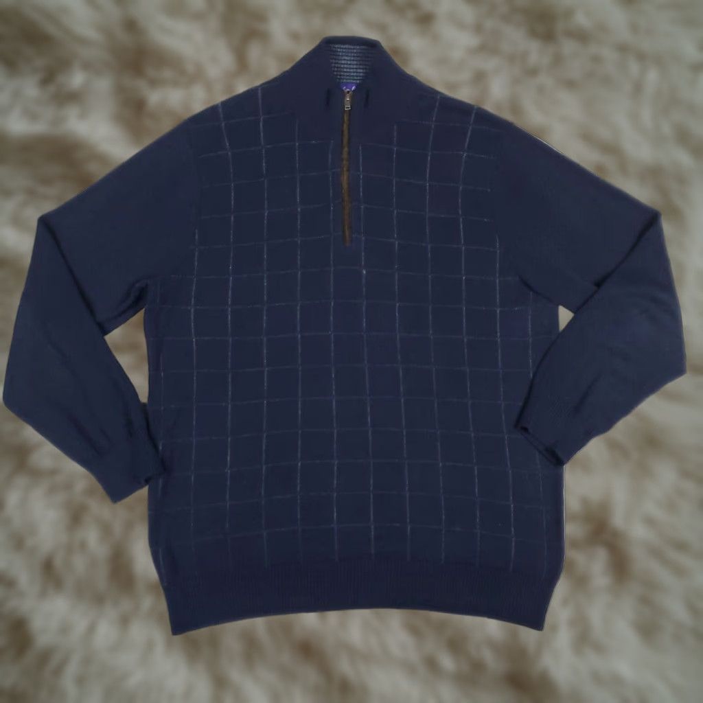 Vintage Alan Flusser Mens Large Quarter Zip Pullover Sweater Sweatshirt Blue Check Size US L / EU 52-54 / 3 - 1 Thumbnail