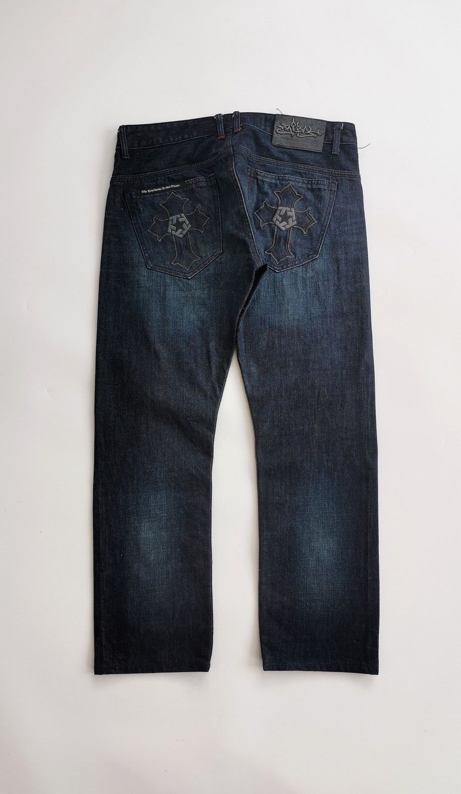 Tribal Streetwear Vintage Tribal Cross Embroidery Dark Blue Denim Jeans Size US 33 - 8 Thumbnail
