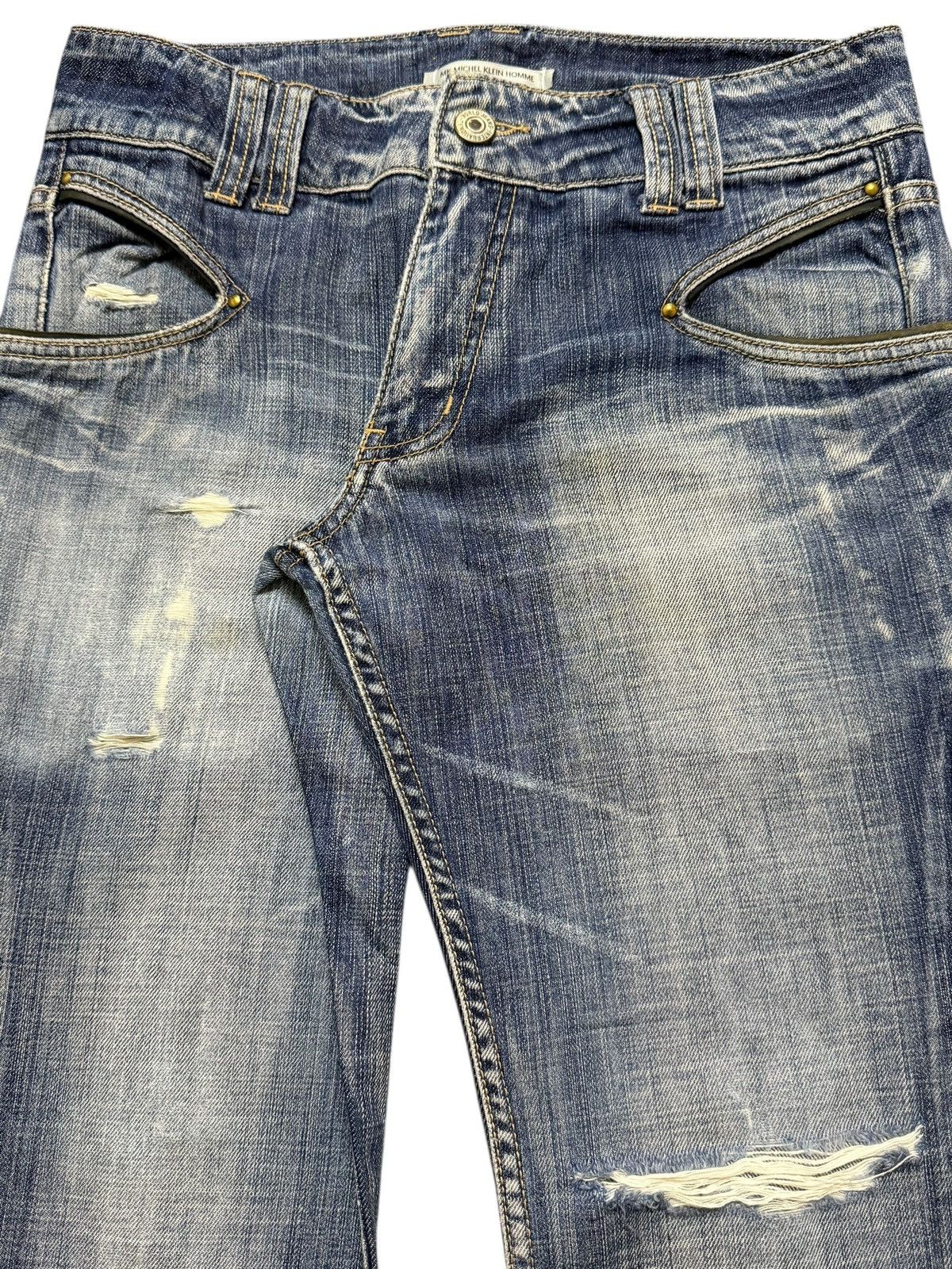 If Six Was Nine Vintage Michel Klein Blue Faded Wash Distress Wide Leg Flare Size US 30 / EU 46 - 4 Thumbnail