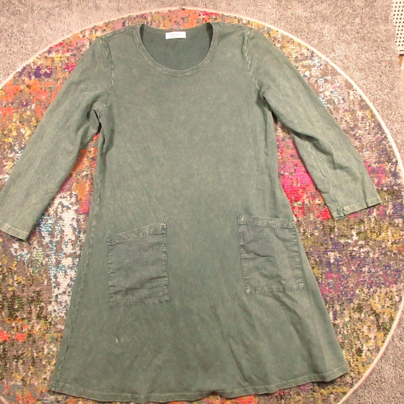 Vintage Jess & Jane Mineral Washed Cotton Pocket Dress S Long Sleeve Green A-Line Shift Knee Length Pockets Casual Travel Size S / US 4 / IT 40 - 2 Thumbnail