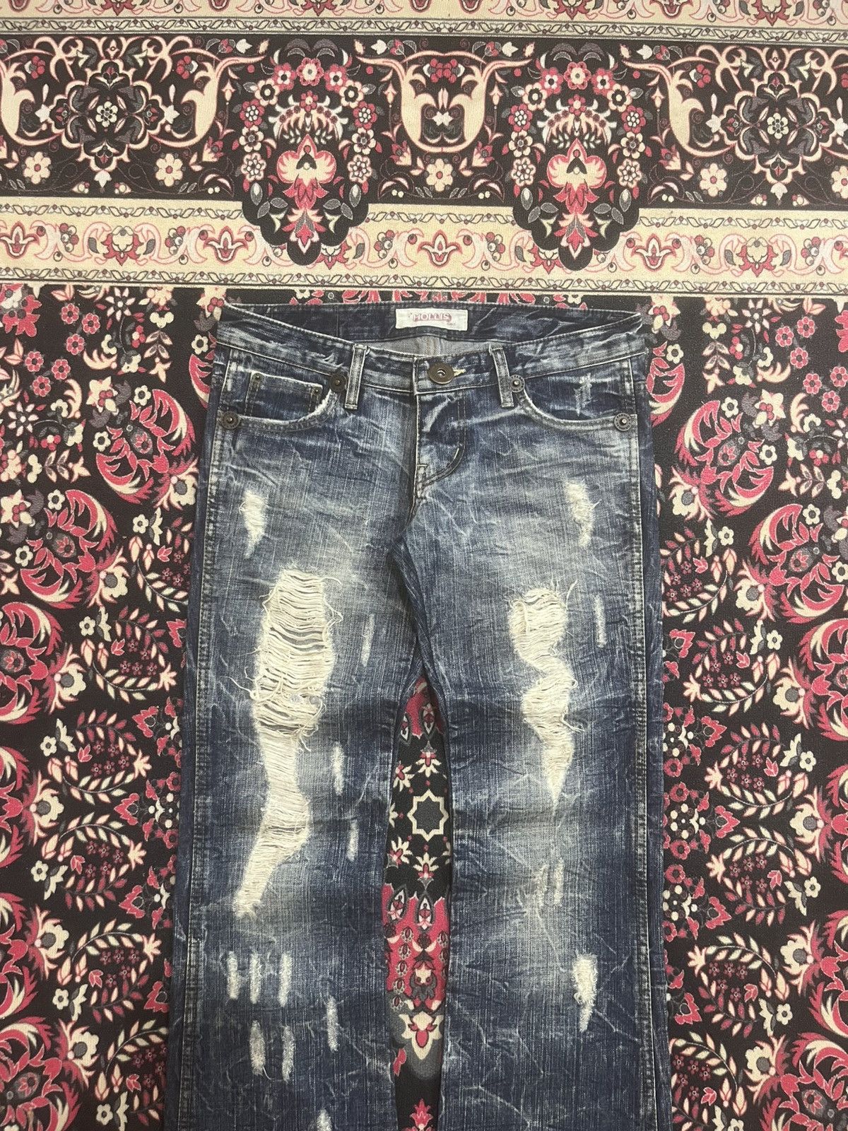 If Six Was Nine Japanese Brand Hollis Blue Cracked Washed Ripped Flare Jeans Size 28" / US 6 / IT 42 - 3 Thumbnail