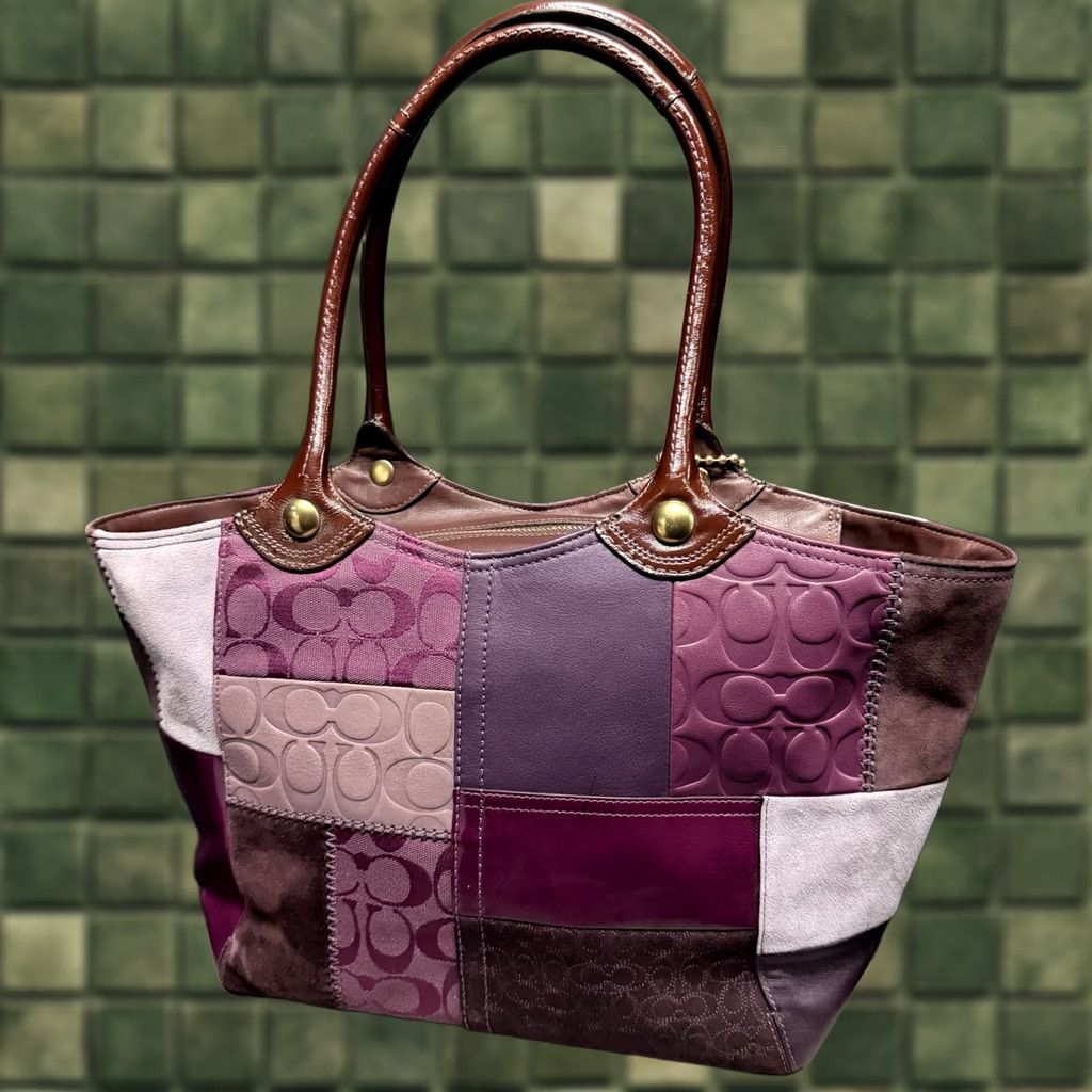Coach VINTAGE Coach Tote Bag Large Purple Leather Suede Patchwork Signature Bleecker Y2K Womens Size ONE SIZE - 1 Thumbnail