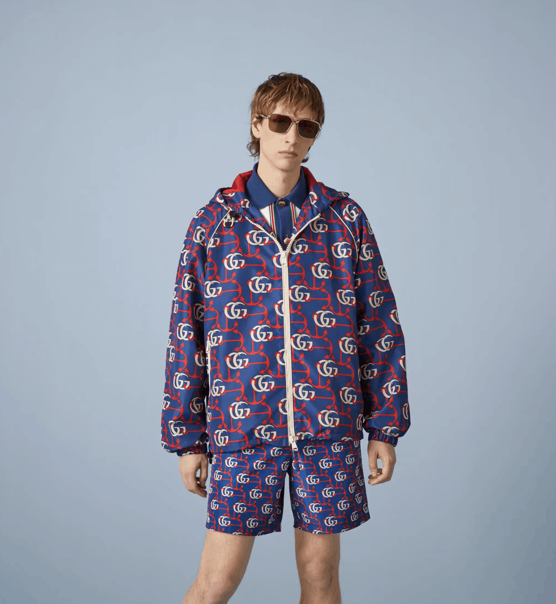 Gucci 52 XL - Gucci Double G Anchor Print Jacket Hooded Red Blue Size US L / EU 52-54 / 3 - 3 Thumbnail