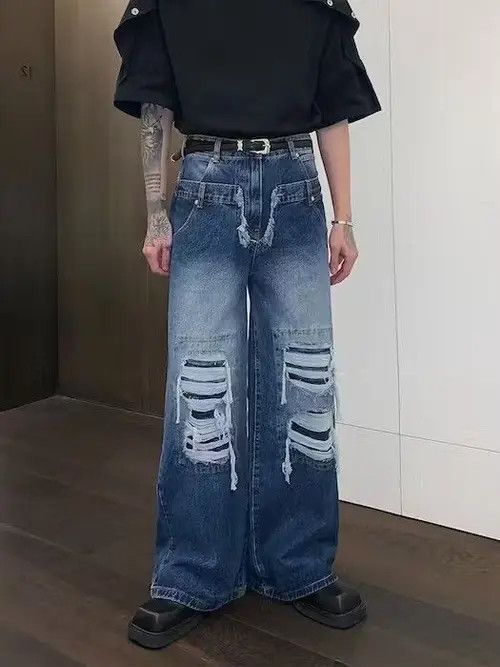 Japanese Brand × Jean Baggy Washed Distressed Blue Jeans, Ripped Jeans Size US 30 / EU 46 - 1 Thumbnail