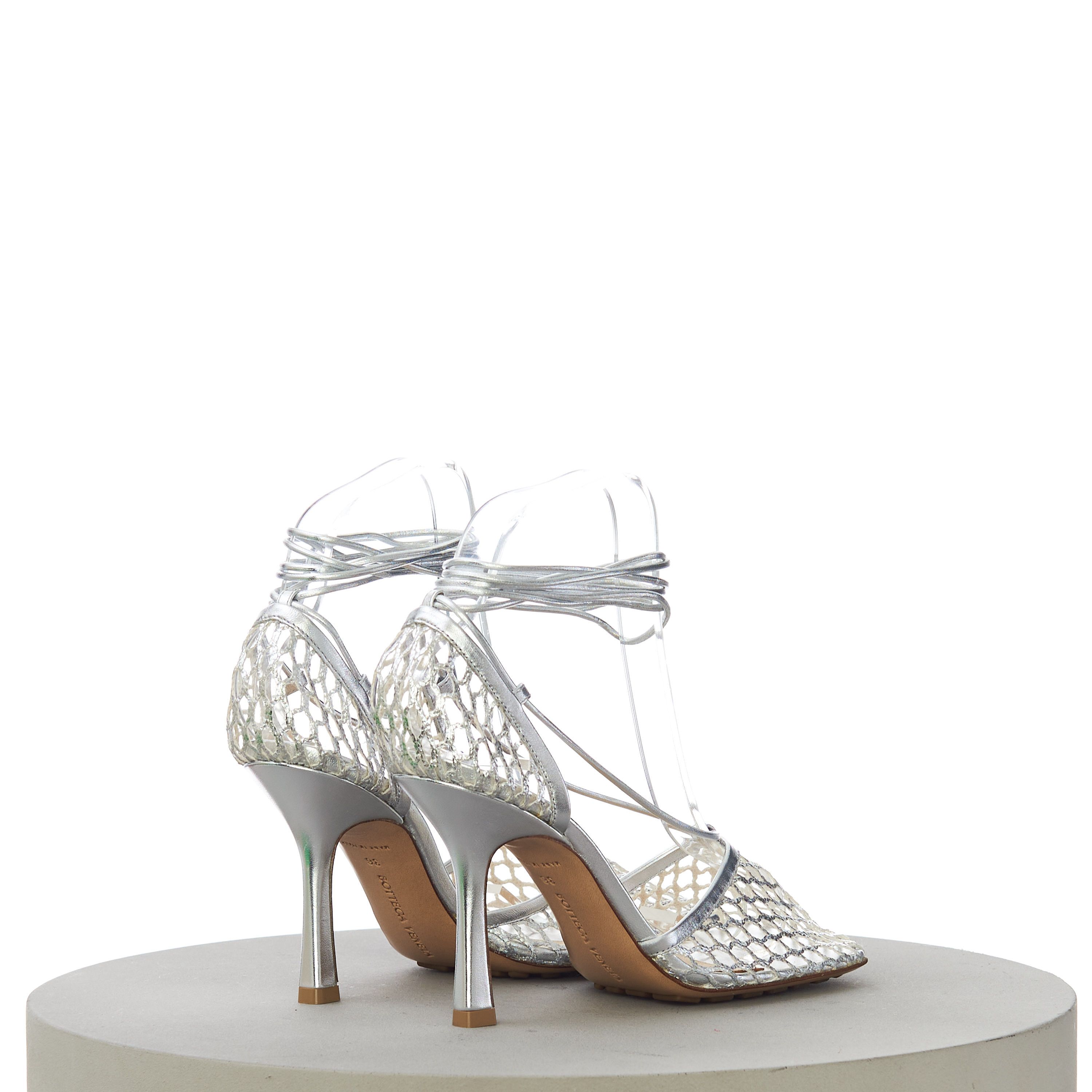 Bottega Veneta Women's Stretch Sandals In Silver Metallized Mesh & Leather Size US 7.5 / IT 37.5 - 8 Thumbnail