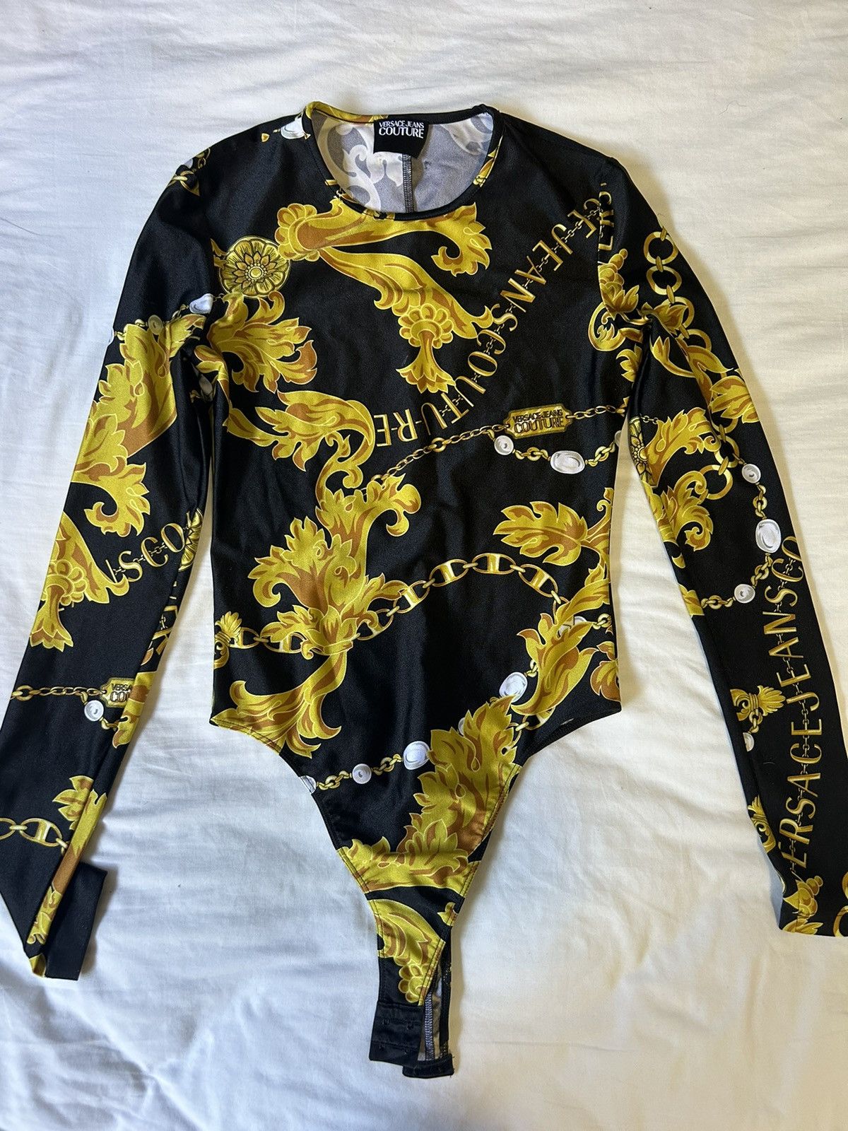 image of Versace Jeans Couture Black Chain Bodysuit, Women's (Size Medium)