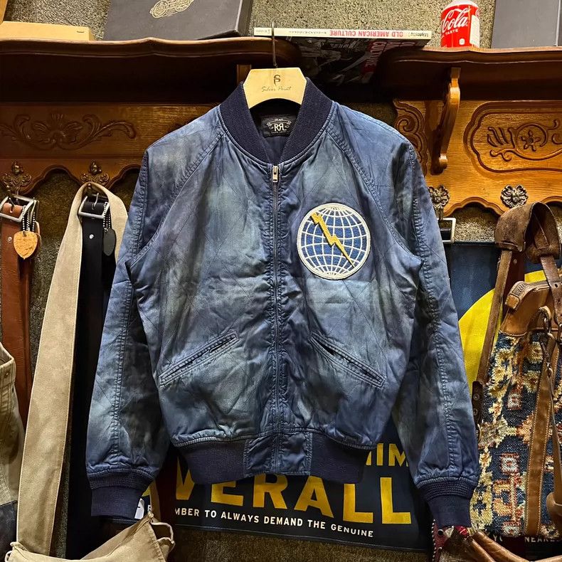 RRL Indigo Washed Baseball Jacket