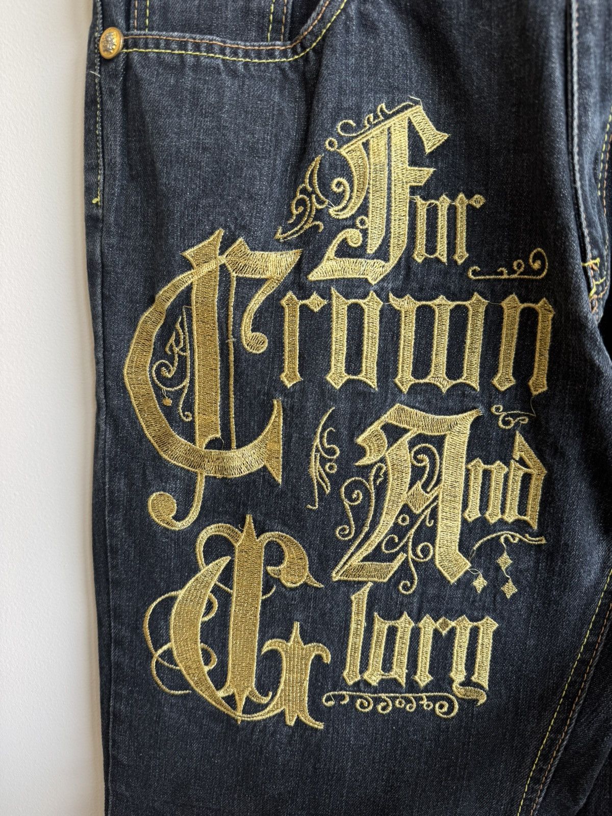 Designer × Vintage Crown Holder Y2K Embroidered Baggy Jeans Size US 34 / EU 50 - 6 Thumbnail