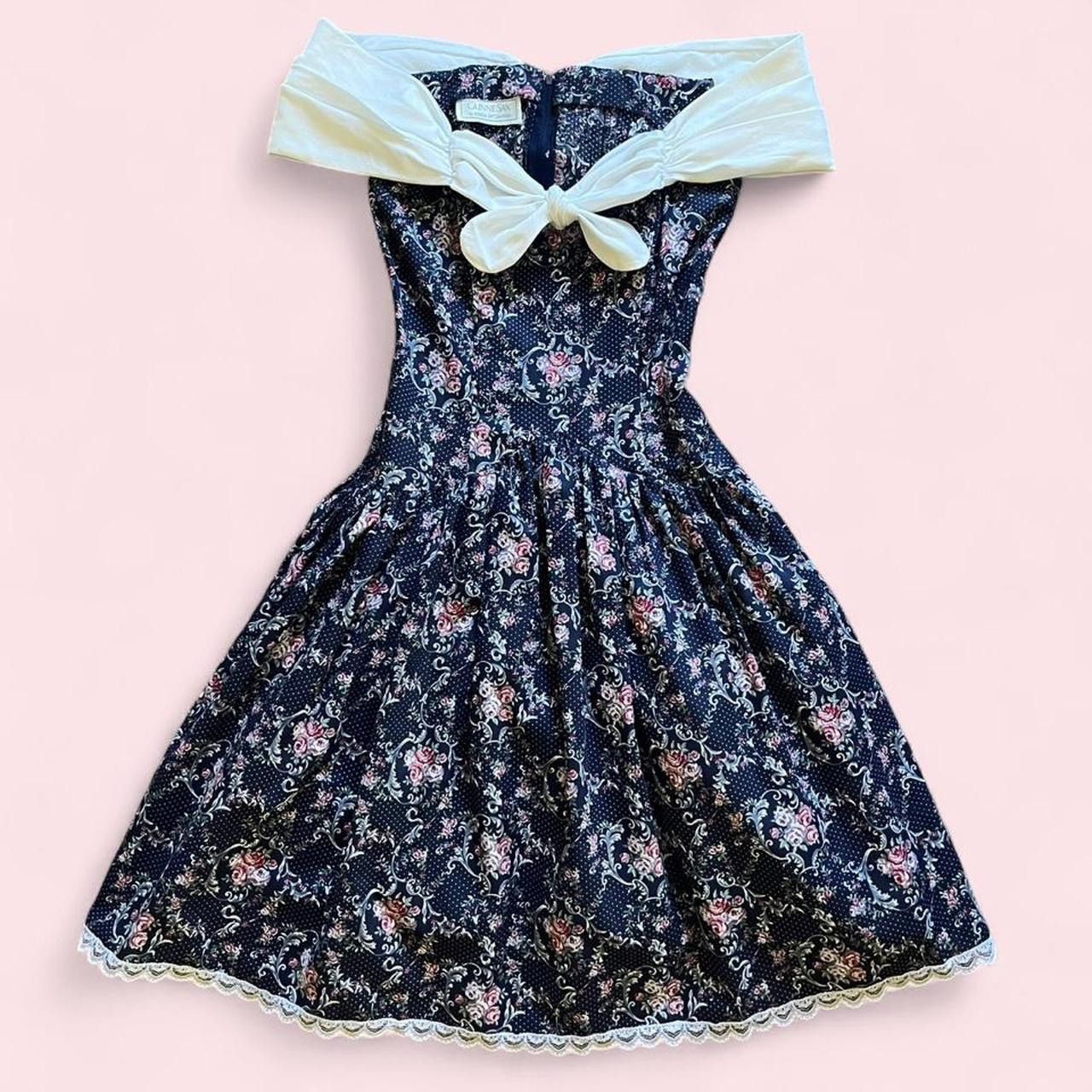 Jessica McClintock GUNNE SAX • 1980s RARE VINTAGE COTTON FLORAL CORSET DRESS Size XS / US 0-2 / IT 36-38 - 1 Thumbnail