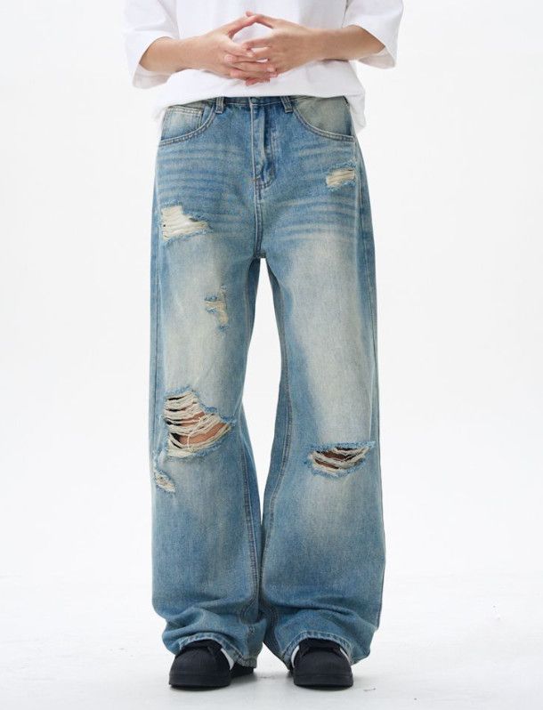 Vintage Men's washed straight loose ripped whisker baggy jeans Size US 32 / EU 48 - 1 Thumbnail