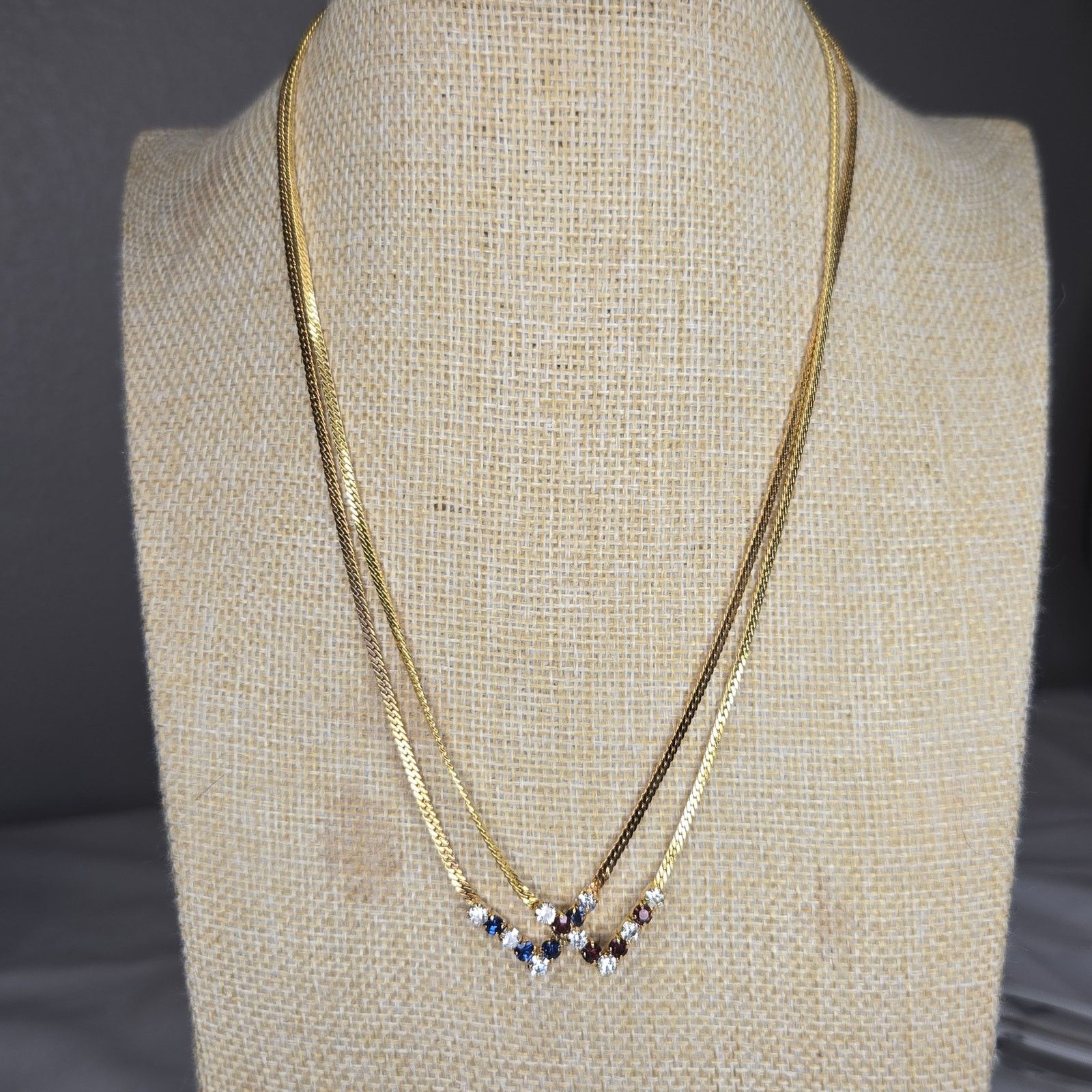 Vintage Vintage Gold Tone Flat Chain Necklaces Faux Sapphire & Ruby Size ONE SIZE - 1 Thumbnail