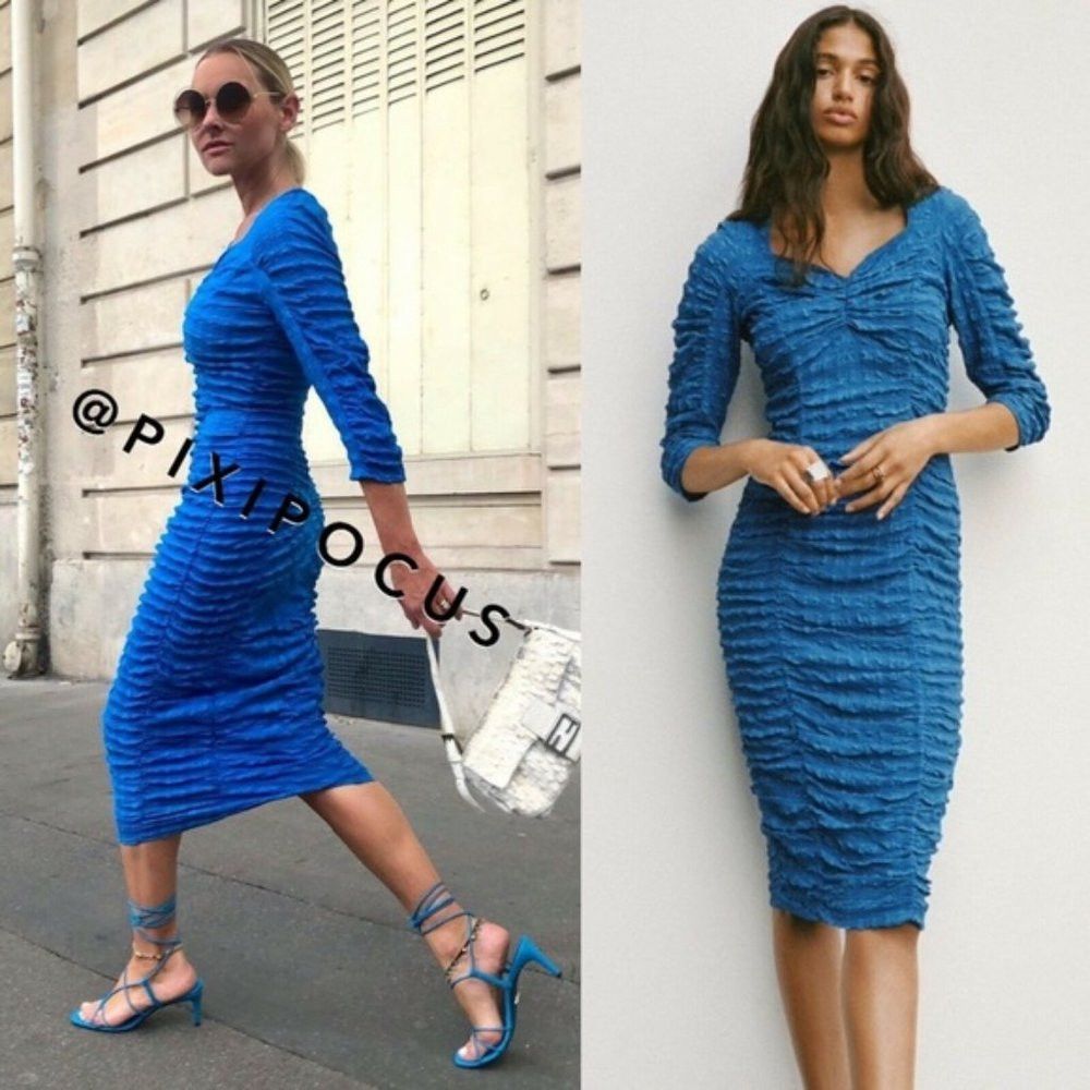 Zara NWT Zara Textured Blue Anne Dress Stretch Fitted Long Sleev Size L / US 10 / IT 46 - 2 Thumbnail