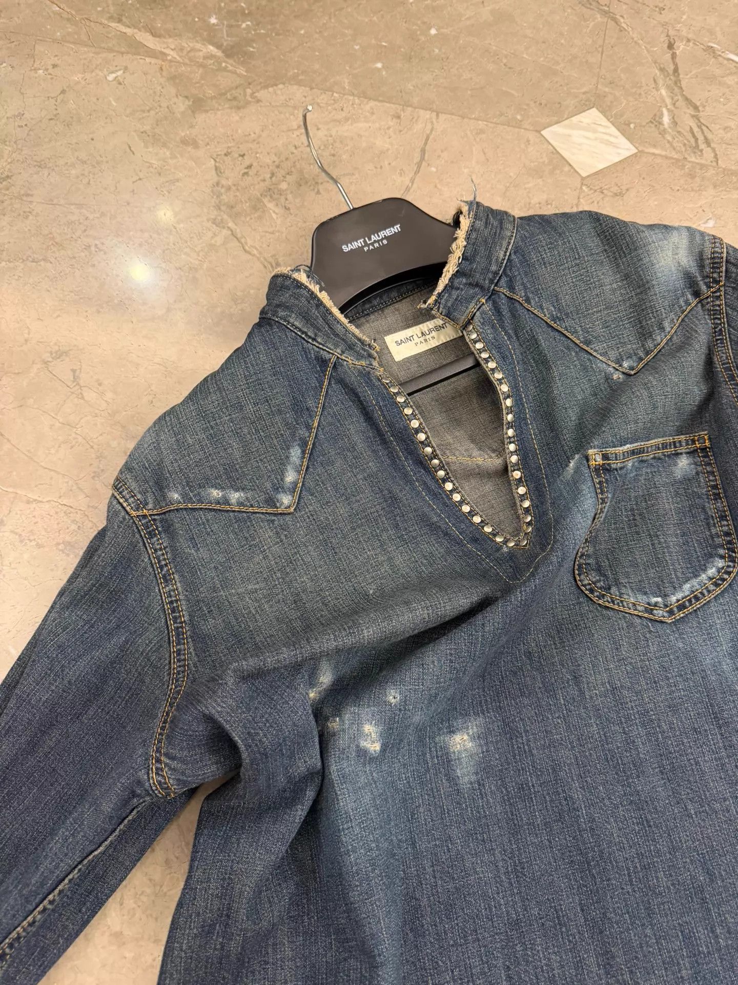 Saint Laurent Paris SLP 15SS Denim V-Neck Studded Western Distressed Shirt Size US XL / EU 56 / 4 - 8 Thumbnail