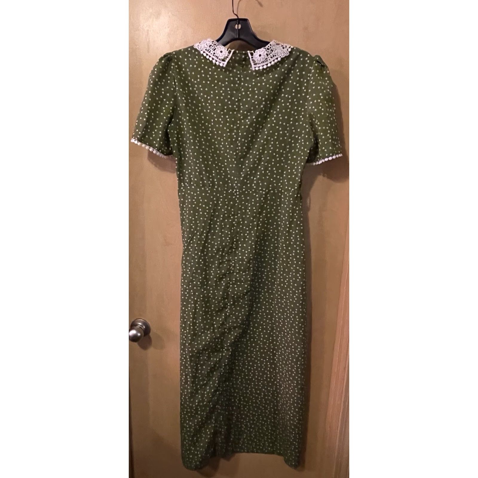 Shein Maxi Dress Women M Green White Lace Collar V-Neck Short Sleeve A-Line  Polka