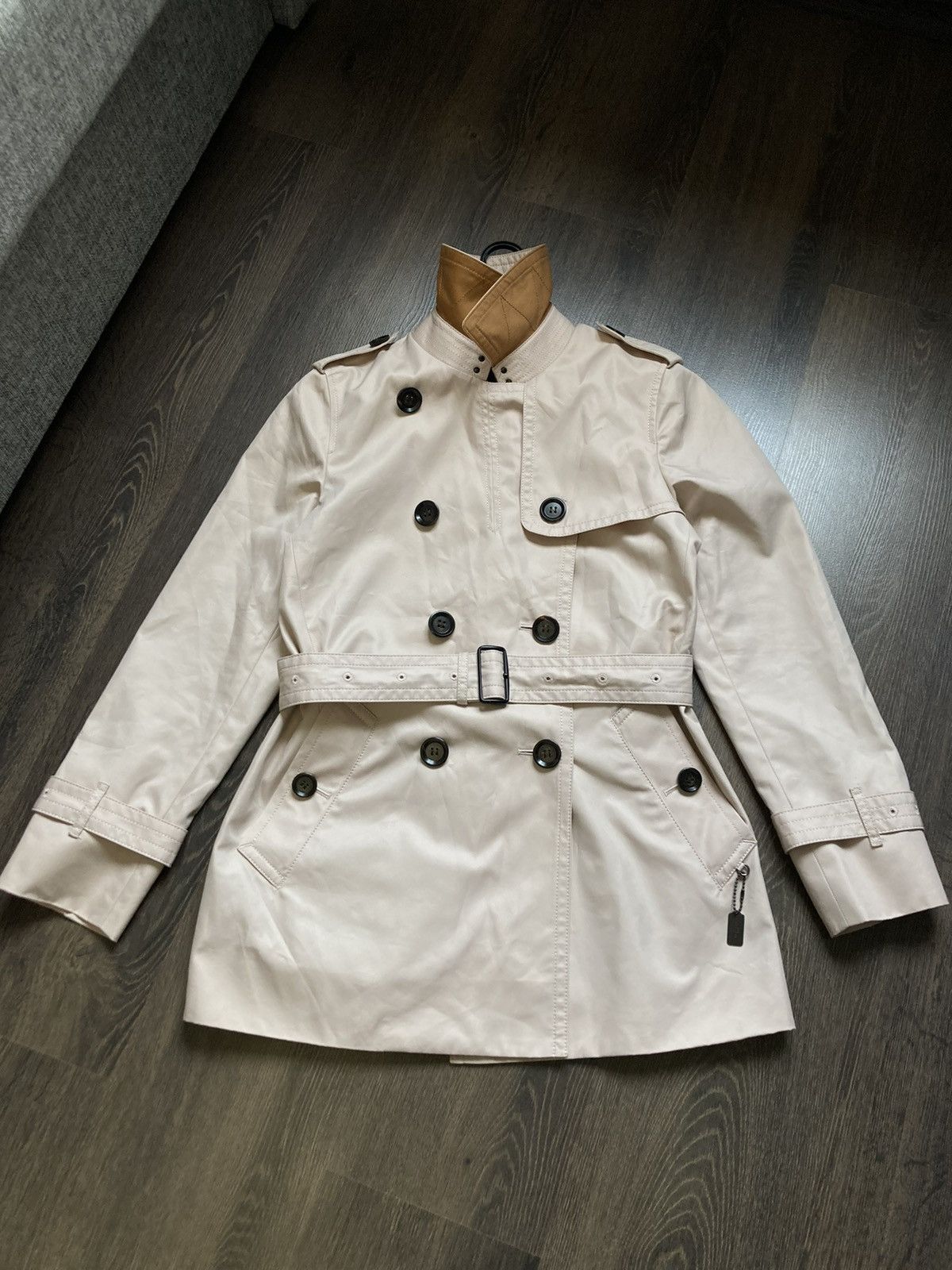 Coach Navy Belted Trench Coat With Black Leather Accents Women’s (Size Xs) high quality