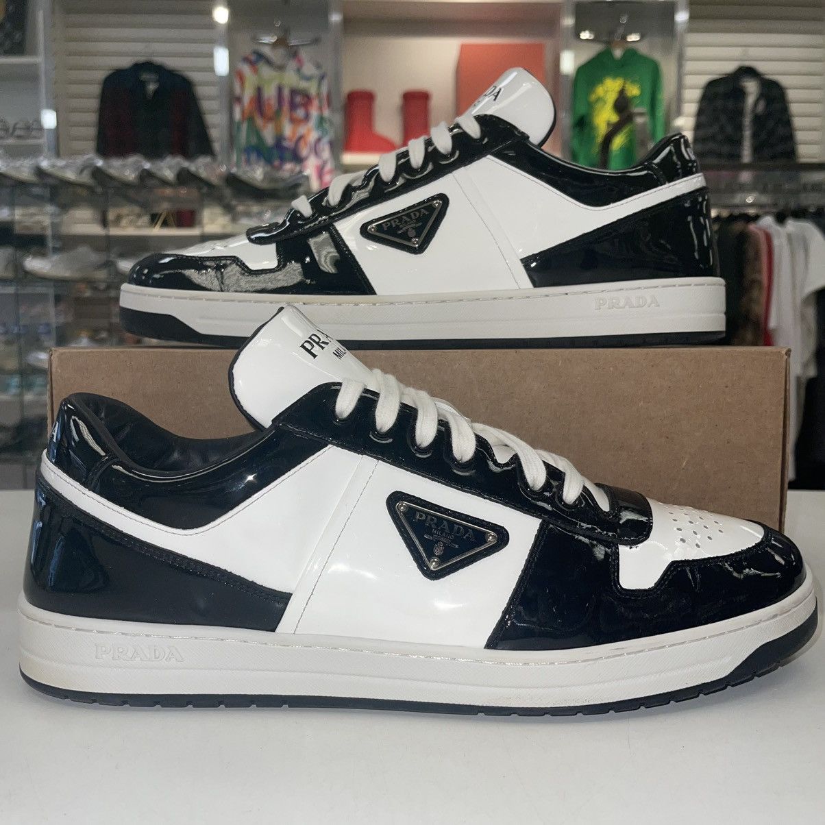 Prada Downtown Patent Leather 'white Black' - Lightly Worn Shoes, Men's (Size 12)