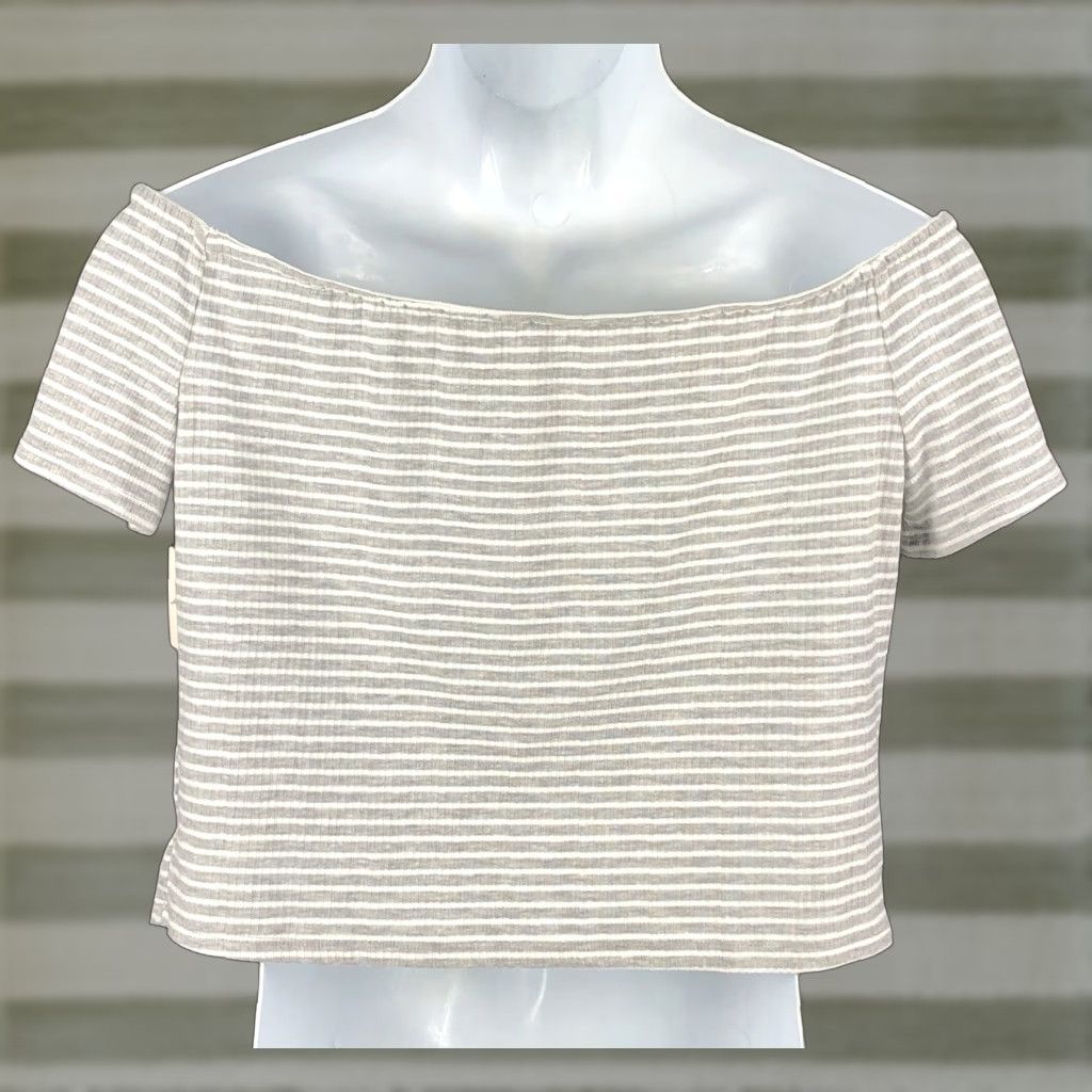 Vintage NWT SO Cropped Top Tee L Gray/White Stripe Off Shoulder Ruched Y2K 90s Blouse Shirt Womens Short Sleeve Cropped Boho Grunge Size L / US 10 / IT 46 - 1 Thumbnail