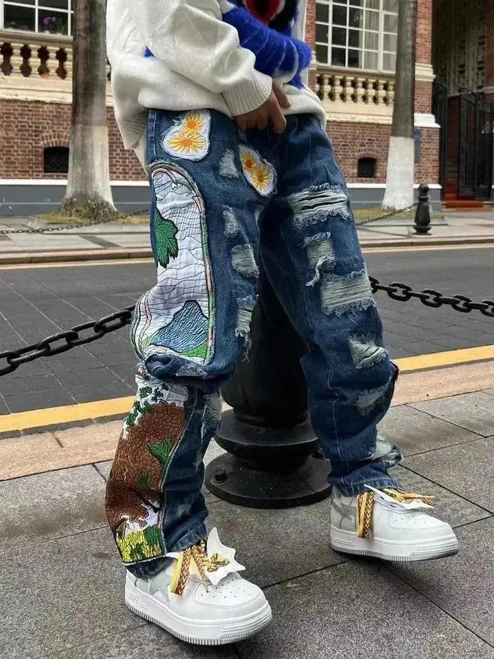 Japanese Brand Harajuku Jeans Embroidered Patches Straight Denim Pants Size US 32 / EU 48 - 4 Thumbnail