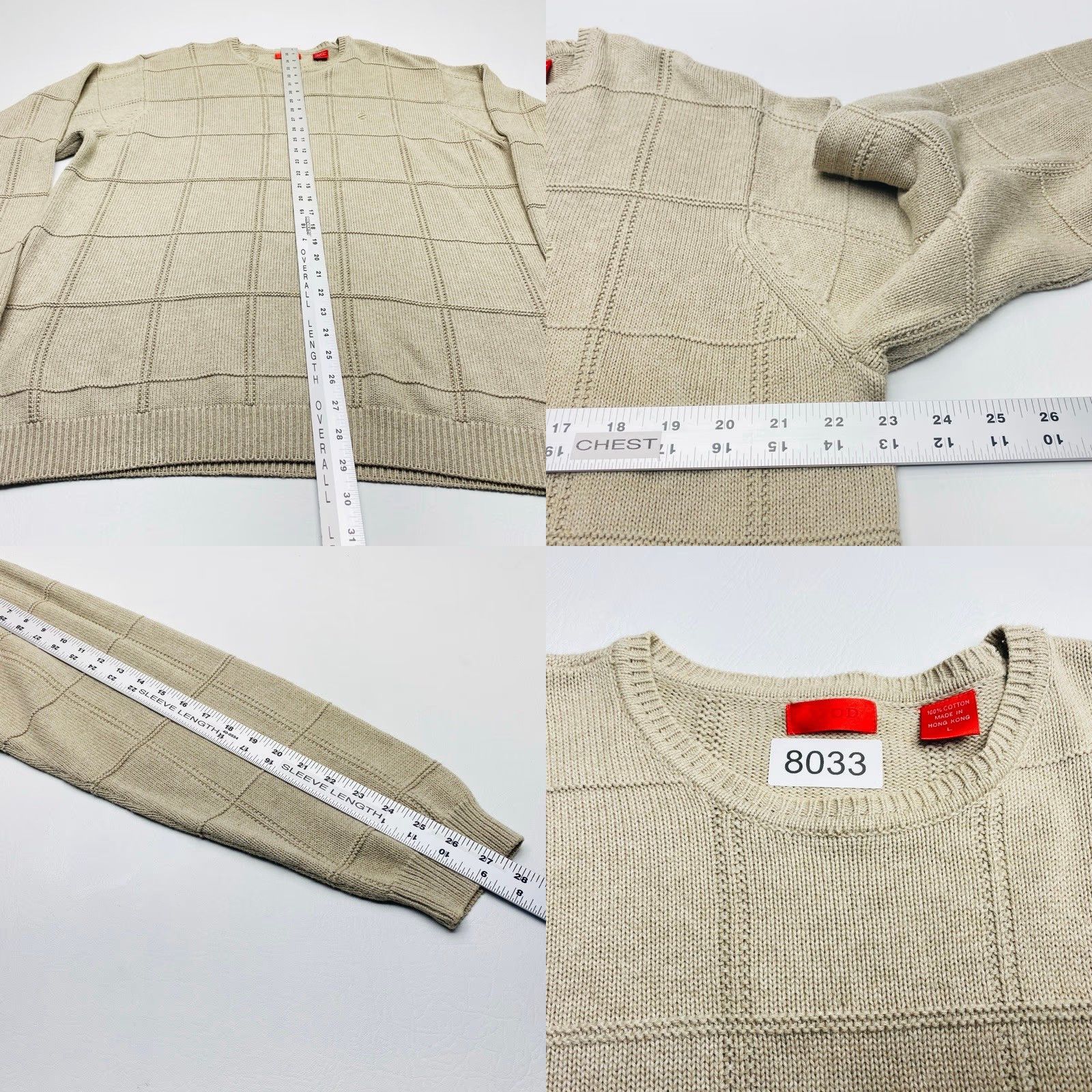 Izod IZOD Sweater Mens Large Knit 100% Cotton Beige Crew Neck Long Sleeve Pullover - Beautiful Knit Squares 8033 Size US L / EU 52-54 / 3 - 8 Thumbnail