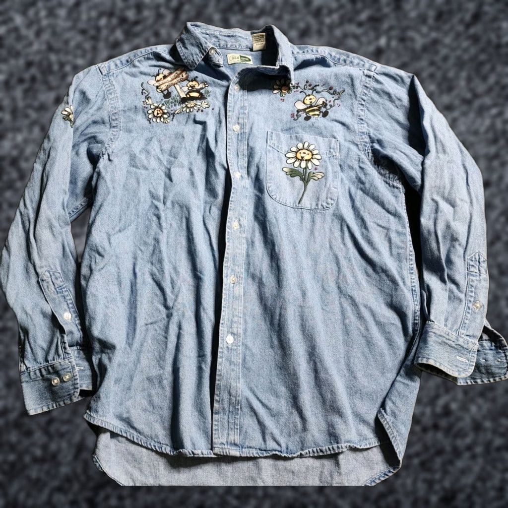 Denime VINTAGE USA CLASSIC Denim Button-Up Shirt Long Sleeve Floral M Blue Womens Size M / US 6-8 / IT 42-44 - 1 Thumbnail