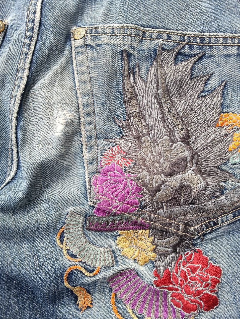 Japanese Brand Oniarai Embroidered Dragon Graphic Jeans – Vintage Wash Size US 30 / EU 46 - 3 Thumbnail