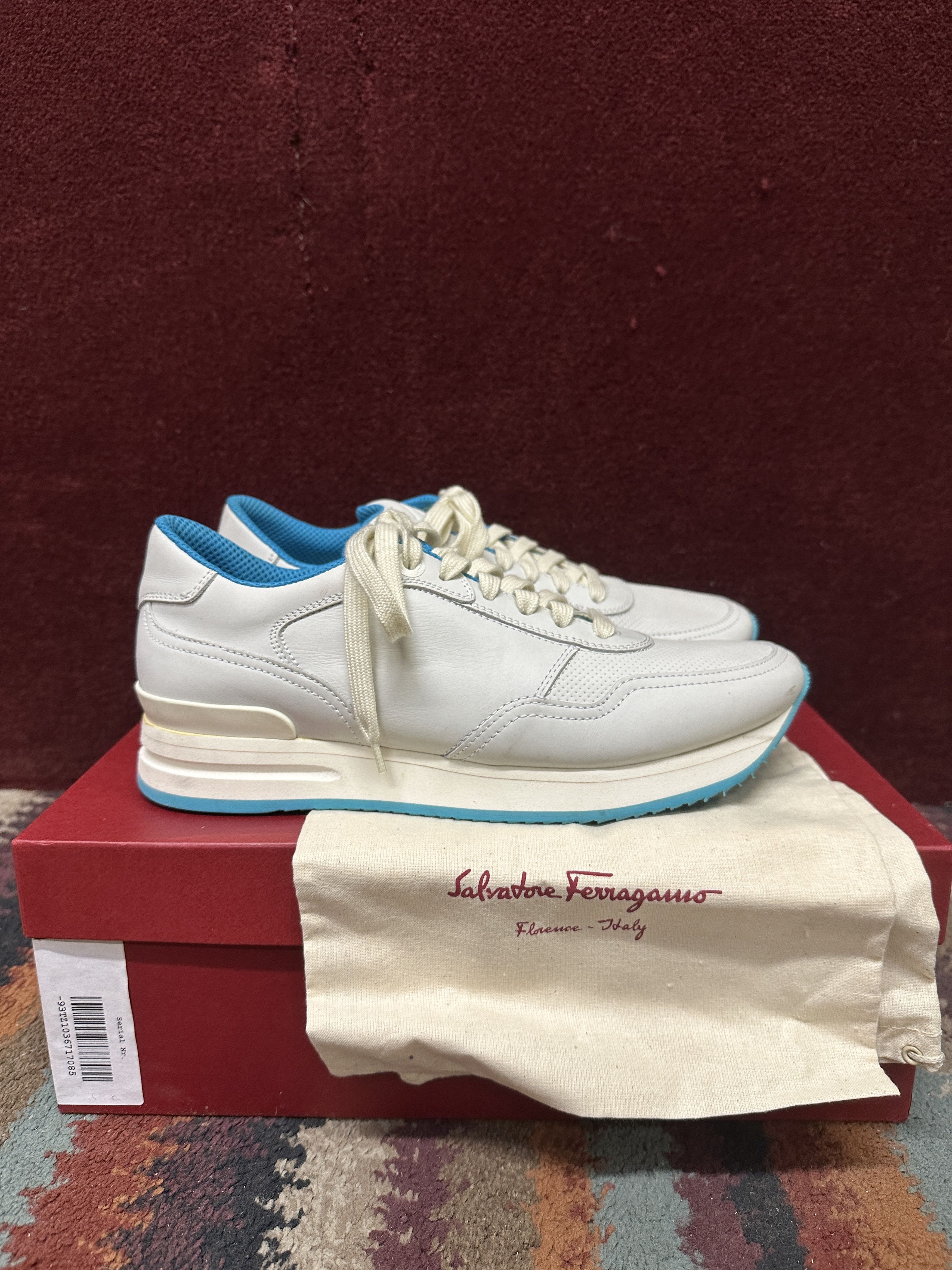 Salvatore Ferragamo Ferragamo Tower Light Grey Leather Sneakers, with blue trim Size US 8.5 / EU 41-42 - 1 Thumbnail