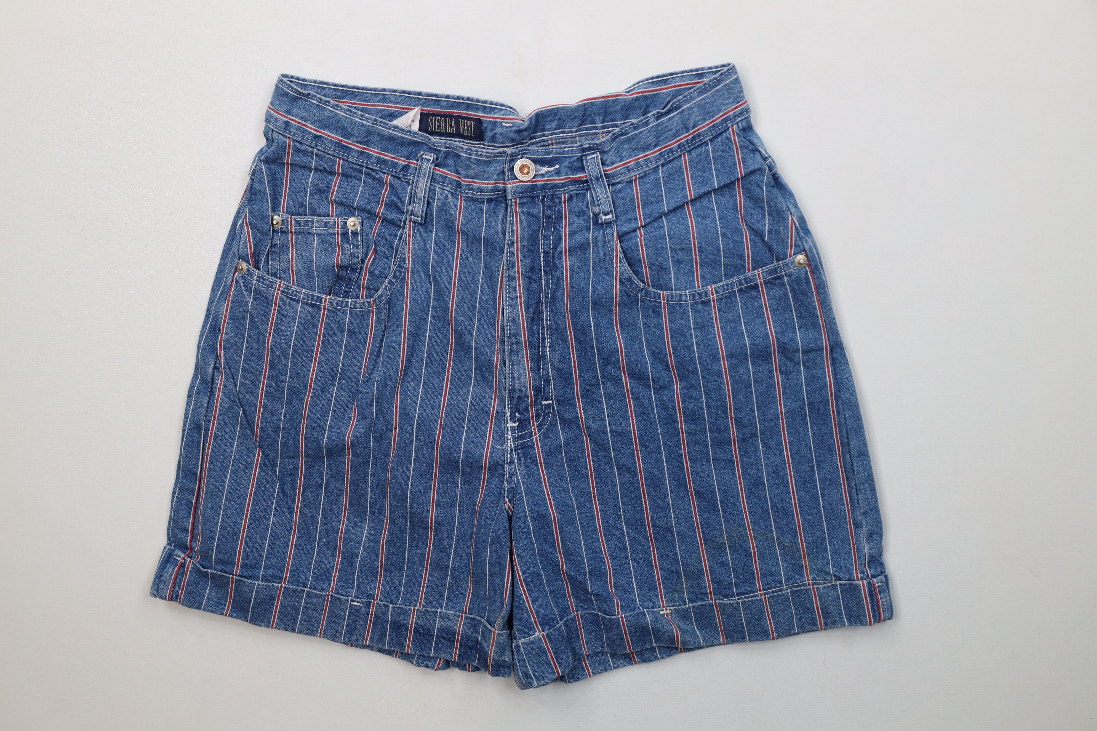 Vintage Vintage 90s Streetwear Cuffed Striped Denim Jean Shorts Size 34" / US 12 / IT 48 - 1 Thumbnail