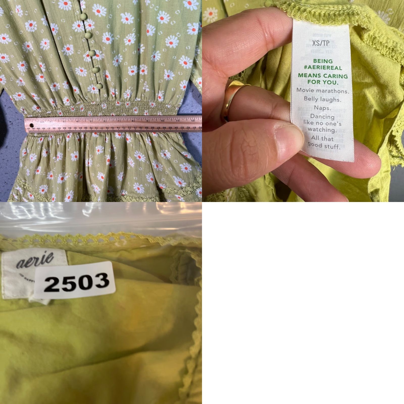Vintage AERIE Womens XS Green Floral Mini Dress with Button-Front & Lace Detail 100% Cotton 3/4 Sleeve V-Neck Size XS / US 0-2 / IT 36-38 - 8 Thumbnail