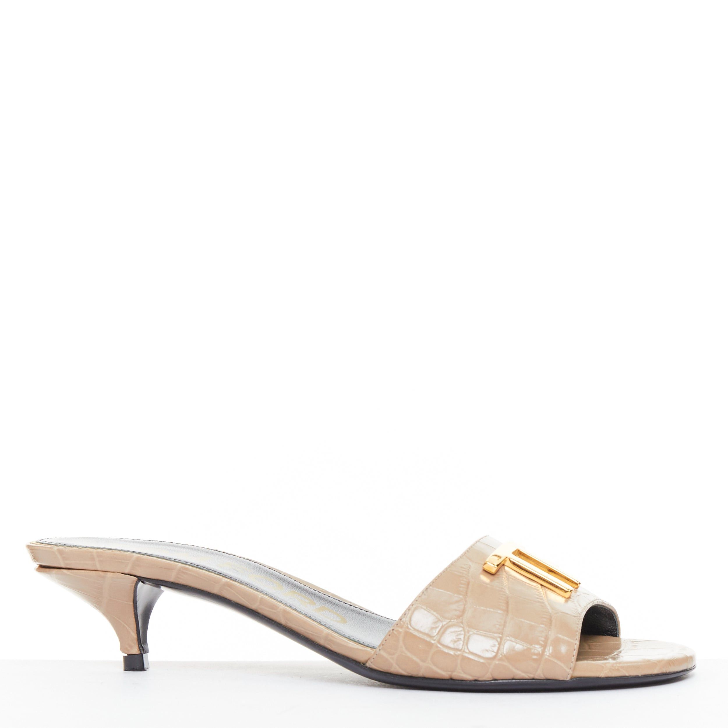 Tom Ford TOM FORD taupe rcoc embossed calfskin gold TF logo kitten heel sandal EU36 Size US 6 / IT 36 - 1 Thumbnail