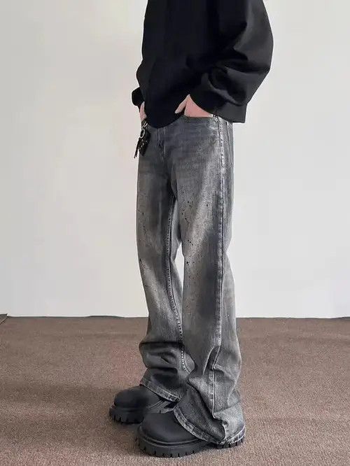 Japanese Brand × Jean Street distressed straight-leg micro-flared ink-dotted jeans Size US 32 / EU 48 - 2 Thumbnail