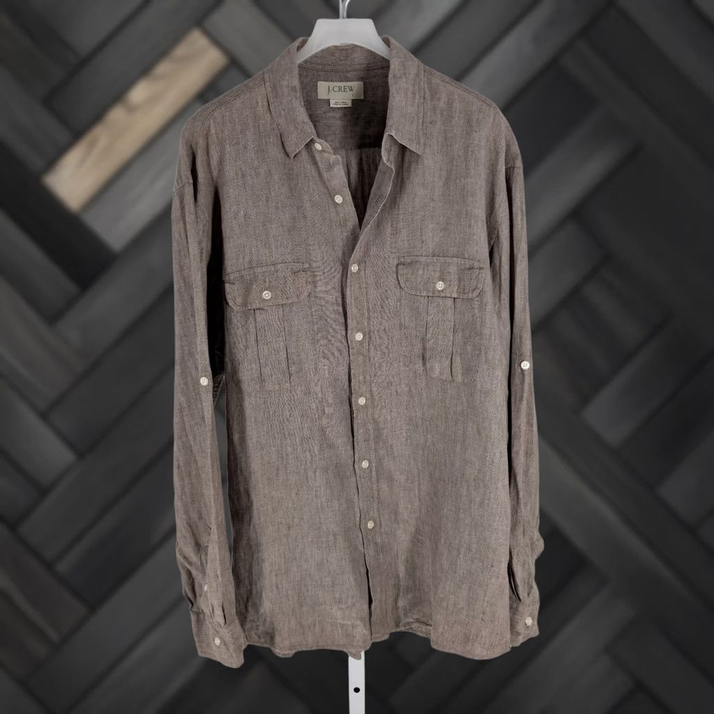 J.Crew VINTAGE J.CREW Shirt Men Long Sleeve Brown Linen Safari Utility Button-Up 1990s 90s Large Size US L / EU 52-54 / 3 - 1 Thumbnail