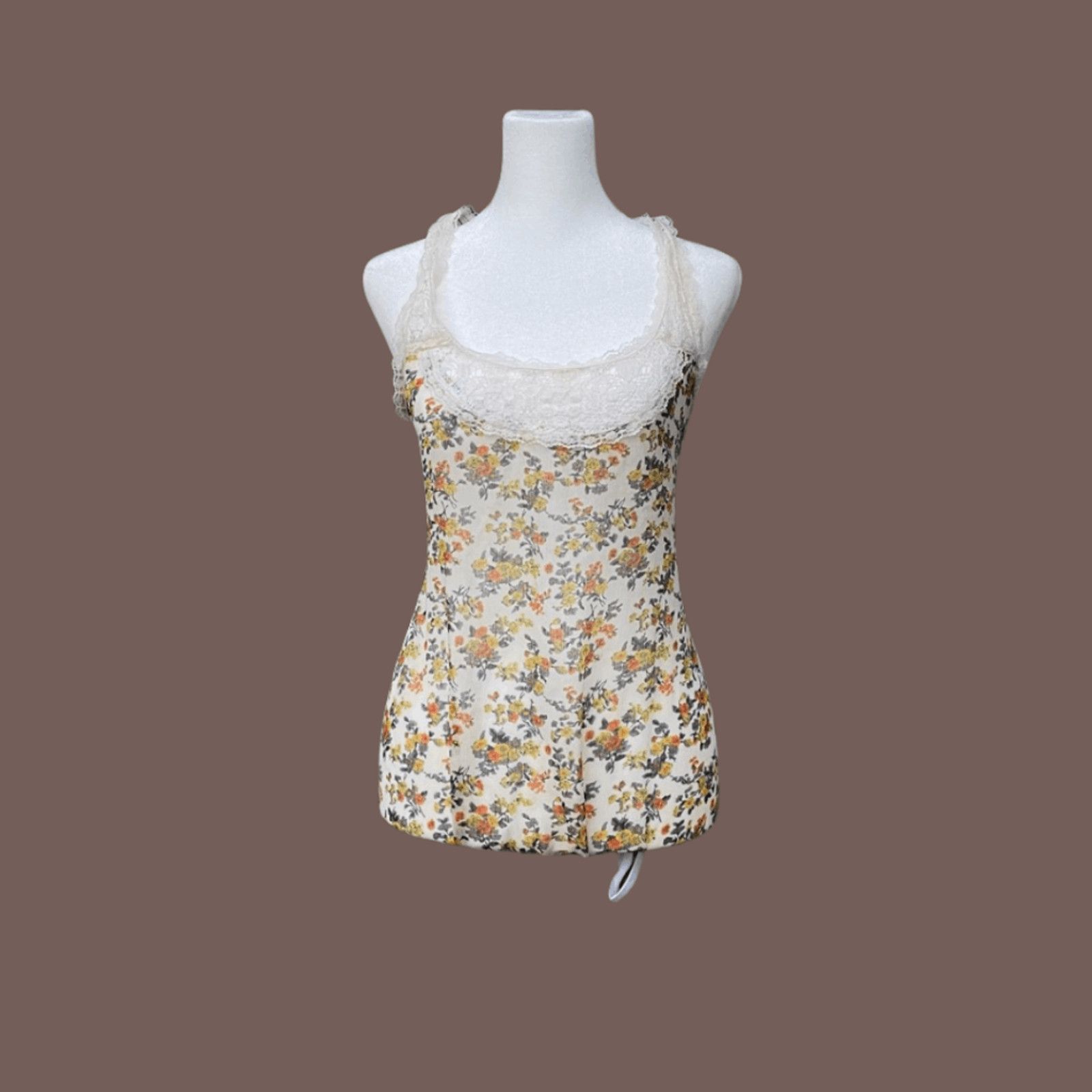 Vintage VTG Tank Top | Mima Chica Yellow Floral Lace | 90s Cottage Size L / US 10 / IT 46 - 1 Thumbnail