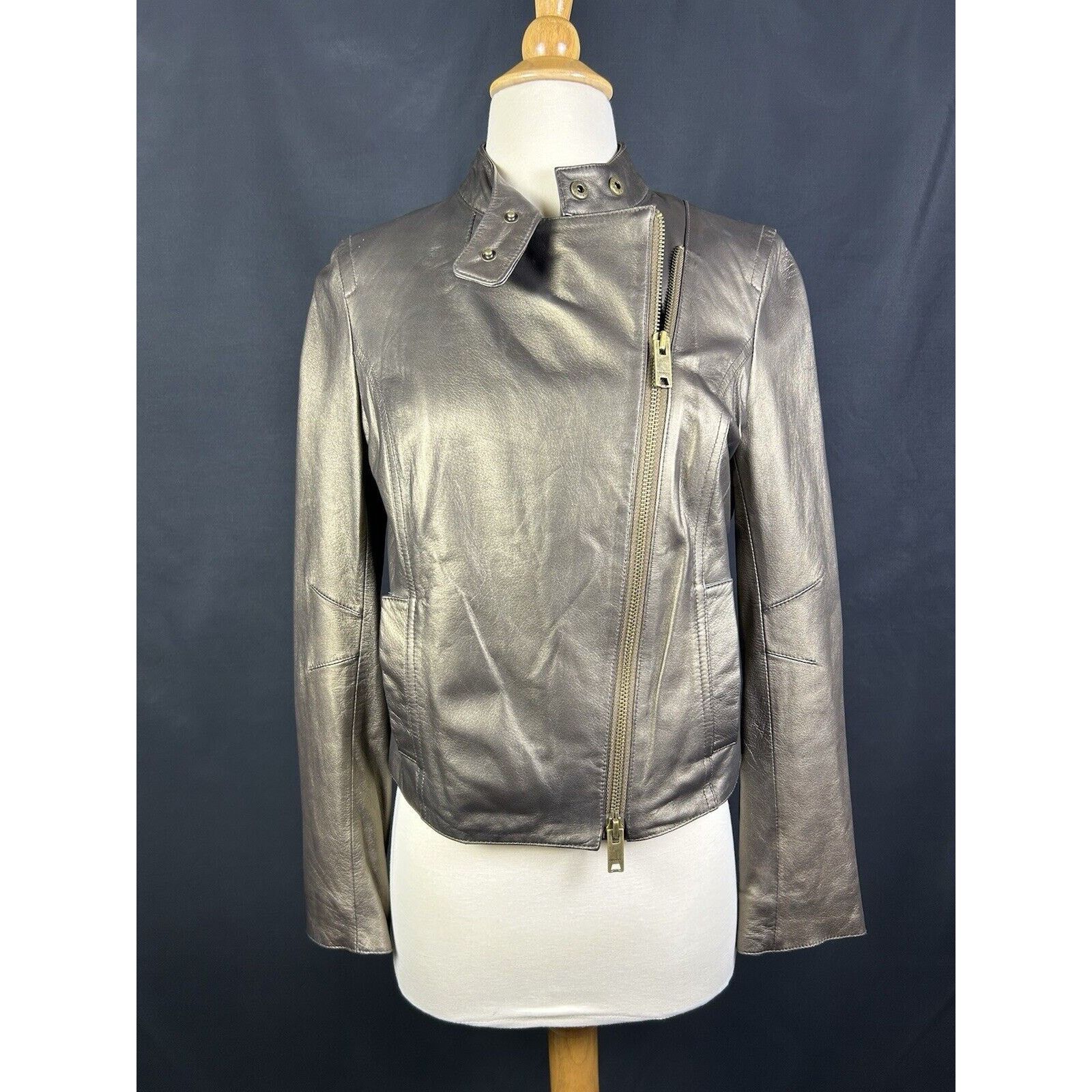 DKNY DKNYC Chinese Lambskin Leather Women Moto Jacket Iridescent Size S / US 4 / IT 40 - 1 Thumbnail