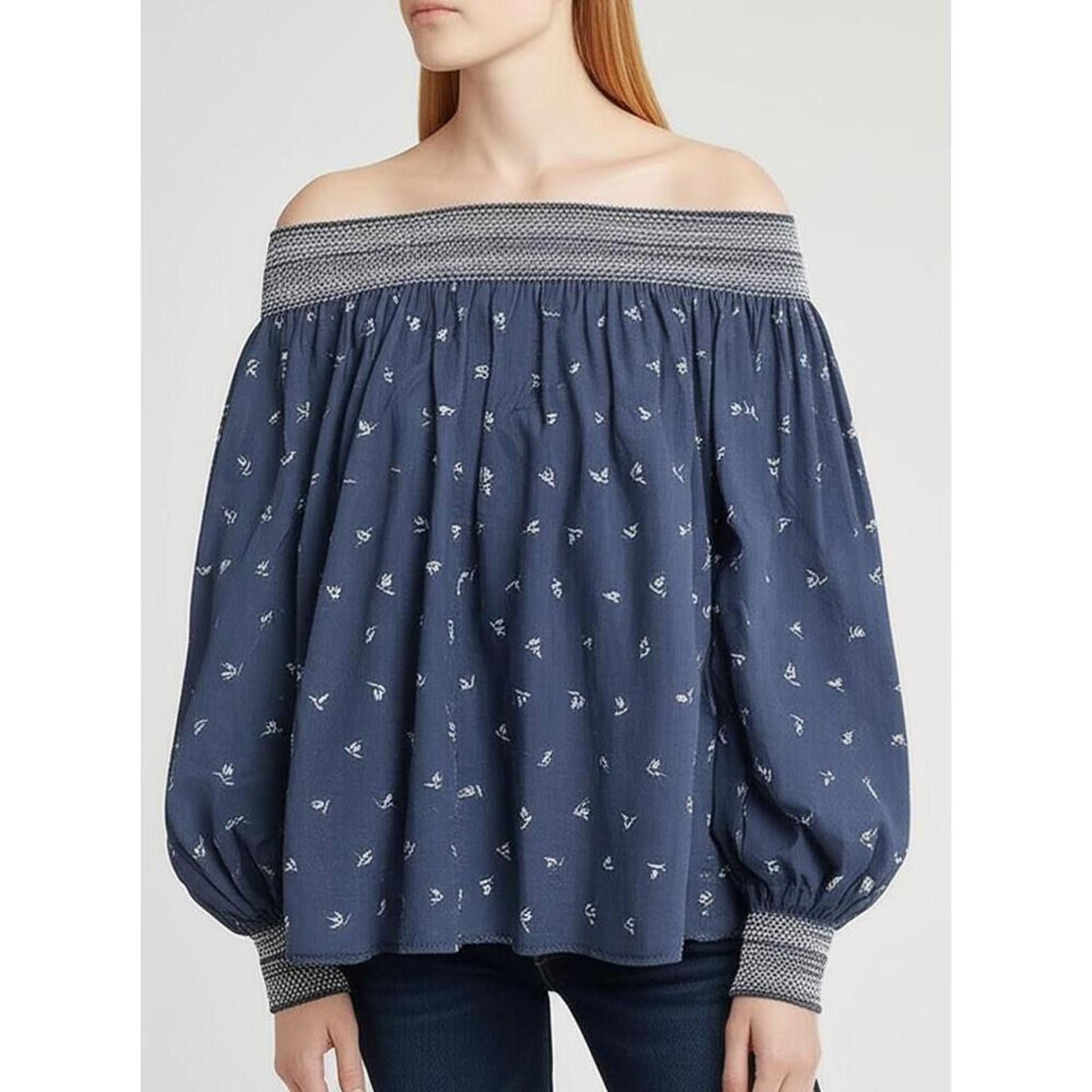 Tommy Hilfiger Tommy Hilfiger S Blue Off Shoulder Smocked Leaf Resortwear Size S / US 4 / IT 40 - 1 Thumbnail