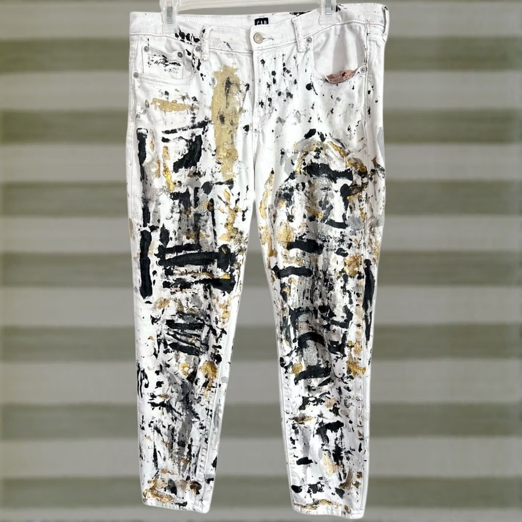 Gap VINTAGE Gap White Denim Jeans Men’s Straight 31x26 White Black Gold Abstract Paint Splatter Mens Jeans White Gap 31 26 Size US 31 - 1 Thumbnail
