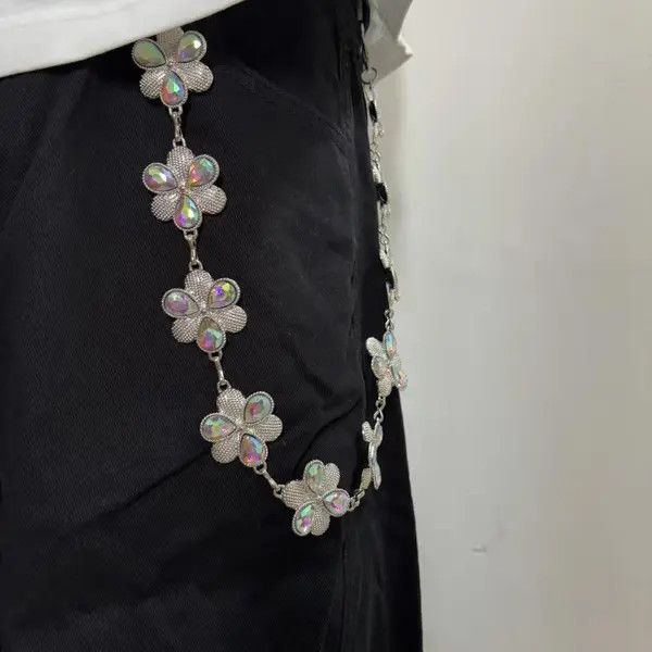 Jewelry Silver Floral Chain Wallet with Iridescent Stones Size ONE SIZE - 1 Thumbnail