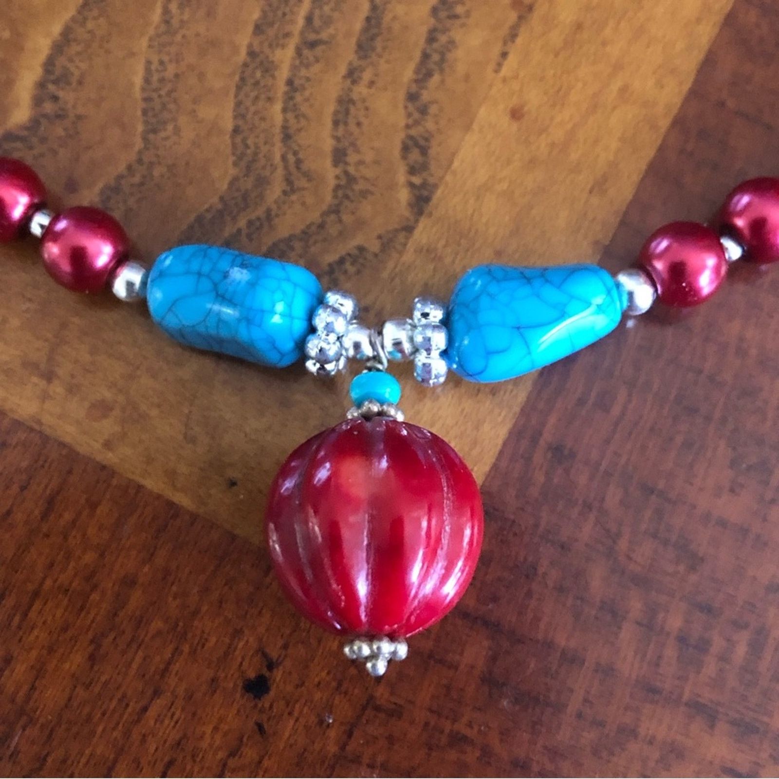 Handmade Handcrafted repurpose carved red coral stone Pearl necklace Size ONE SIZE - 8 Thumbnail
